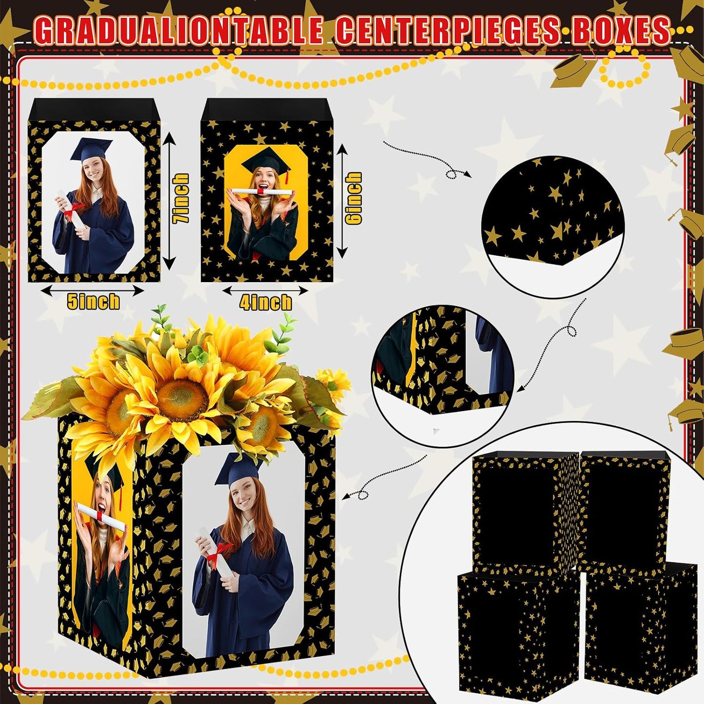 Gersoniel 12 Pcs Graduation Boxes Centerpieces for Table 6/7 Inch Photo Props Frame Holders Class of 2026 Congrats Grad Party Decorations Box Picture Display Centerpieces for Graduation Wedding WN420
