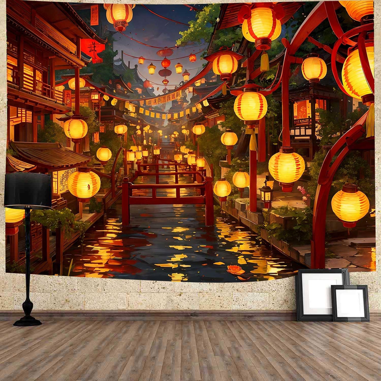 Ine Ive Japanese Tapestry Wall Hanging Large Size 93x71 Inch | Traditional Japan Streets filled with lanterns tapestry for Bedroom Living Room Dorm Office Restaurant Wall Decor BST202