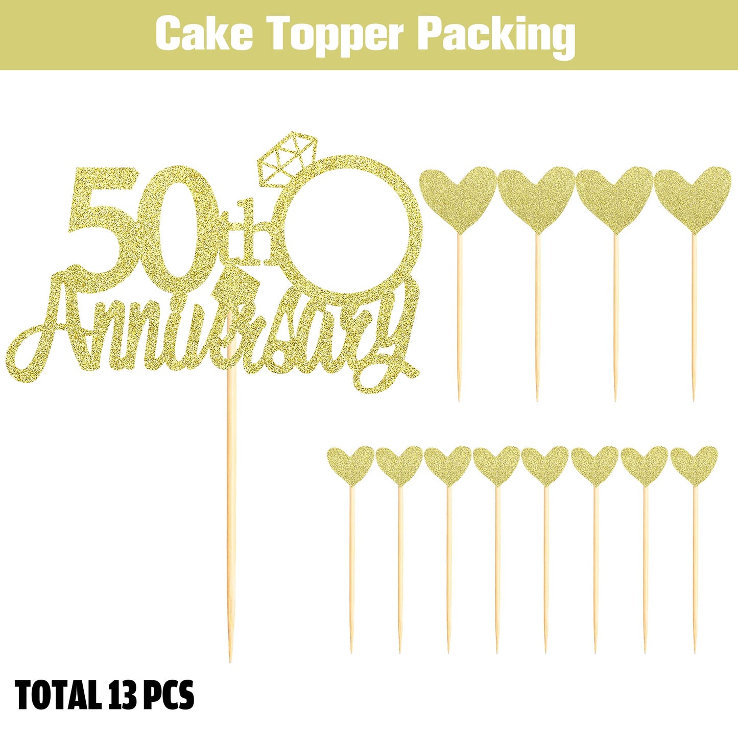 Sumerk 13 PCS Gold Glitter 55th Anniversary Cake Topper Happy 55th Anniversary Wedding Anniversary Cake Decorations BST220