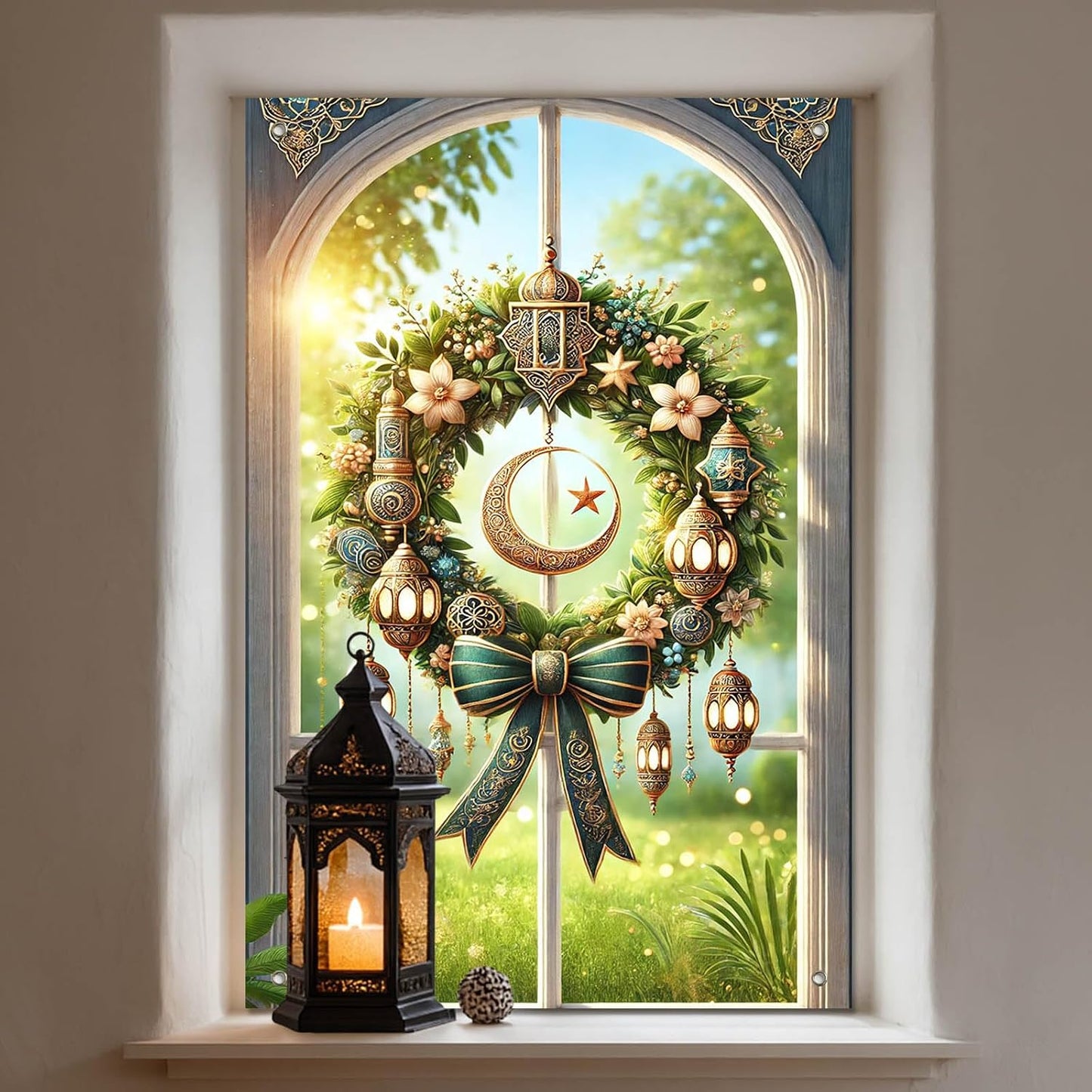 HOMETITUTE Eid Ramadan Window Banner Holiday Curtain Backdrop 31x47 Fabric | Mubarak Cover Festival Screen Windows Banner Hanging Living Room Bedroom Home Crescent Moon Star Pattern Design BST326H