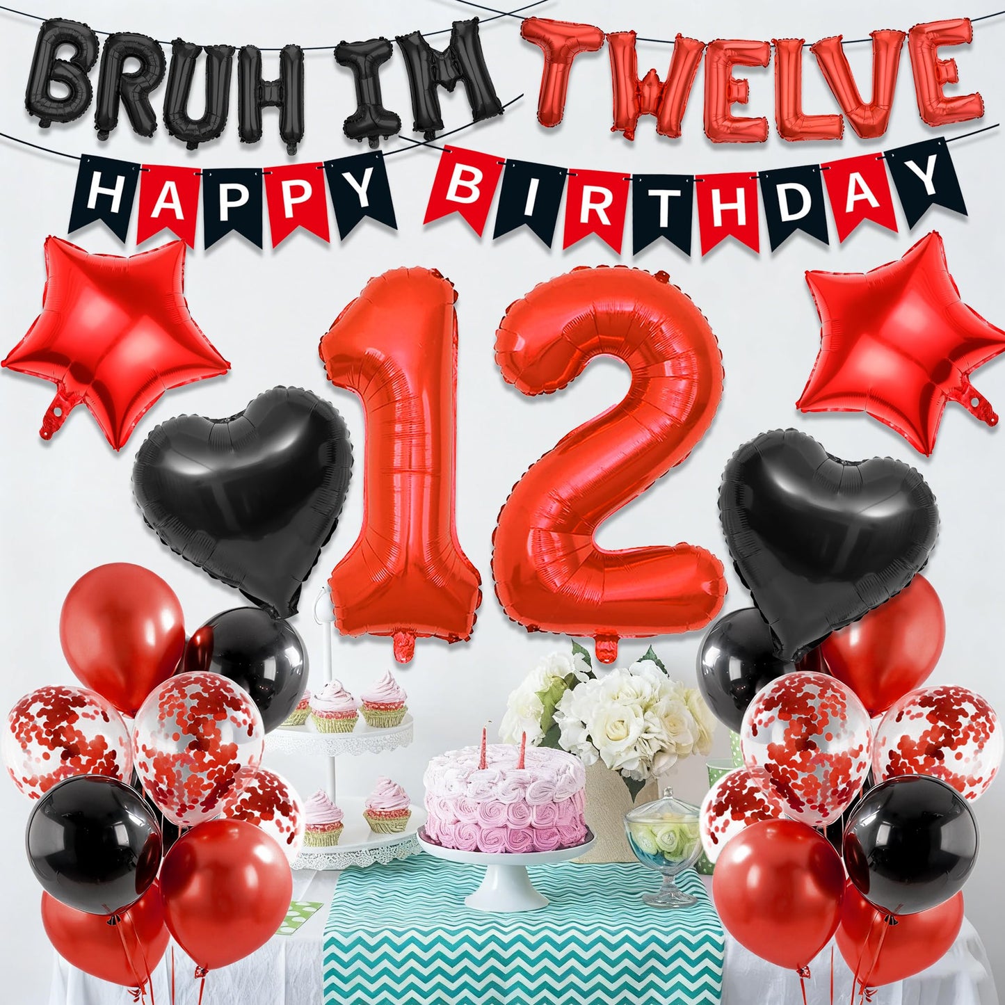 9th Birthday Decorations Boys Kit - 27 Pcs Red and Black Bruh Im Nine Balloon Banners Happy Birthday Fishtail Flags Number 9 Balloon Star Heart Balloons Set for 9 Year Old Party Decoration Supplies BST202