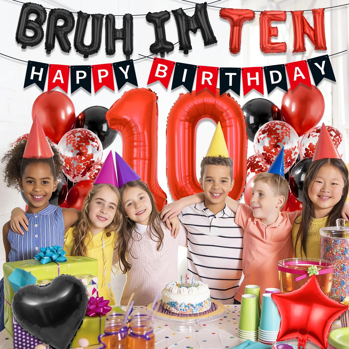 9th Birthday Decorations Boys Kit - 27 Pcs Red and Black Bruh Im Nine Balloon Banners Happy Birthday Fishtail Flags Number 9 Balloon Star Heart Balloons Set for 9 Year Old Party Decoration Supplies BST202