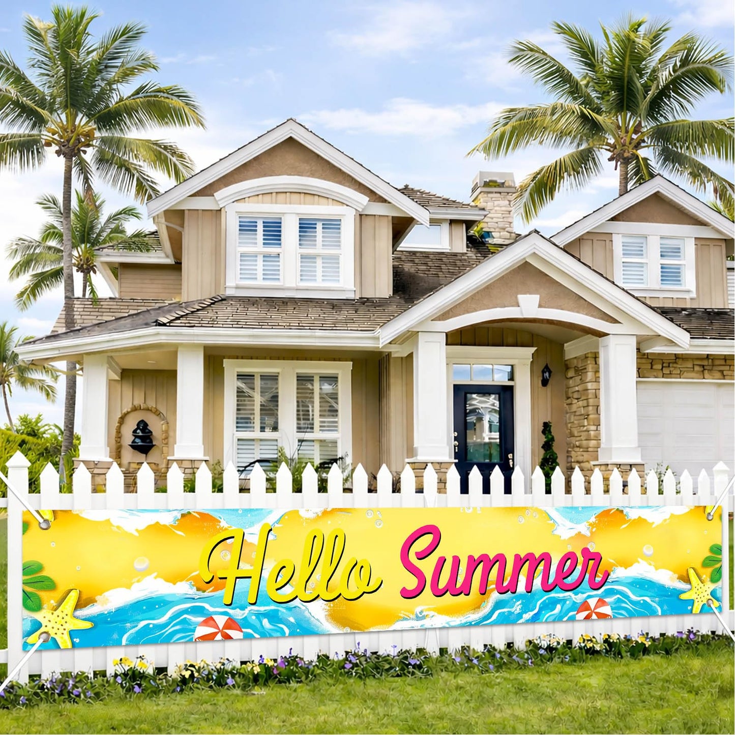 BlissYard Hello Summer Banner 118 x 20 Inch Pool Party Decorations Beach Surfboard Watermelon Tropical Fence Sign Hawaiian Luau Outdoor Backyard Wall Decor BST220