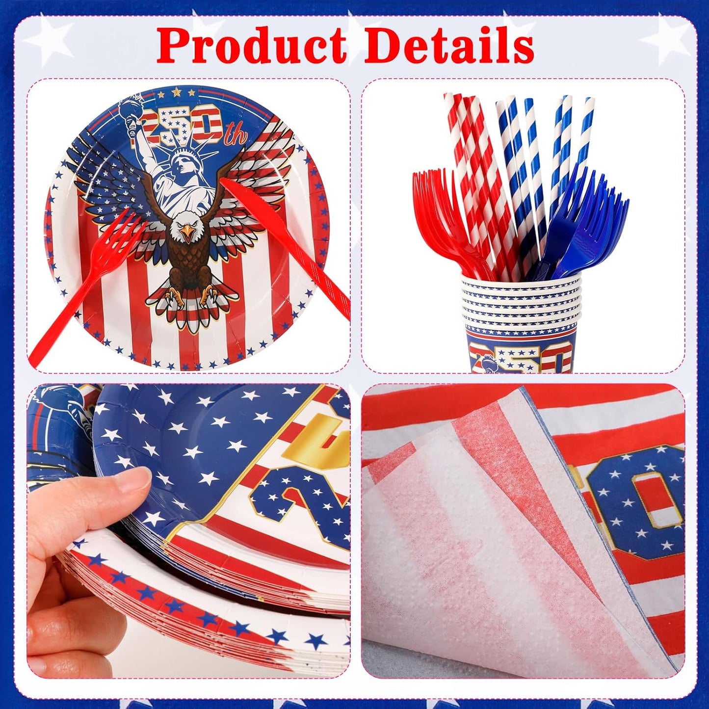 HOWAF 105pcs 4th of July 250 Years of Freedom Tableware Set, Patriotic USA 1776-2026 Anniversary Dinnerware for Independence Day, Fourth of July Party Decor, America 250th Birthday Party Supplies BST326H
