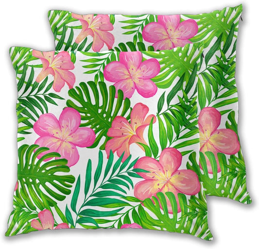 Plumeria Flowers and Palm Leaves Throw Pillow Cover 18x18 Inch Tropical Theme Decorative Pillow Cases Soft Throw Pillows for Living Room Bedroom Sofa Couch Cushion Cover Set of 2 BST220