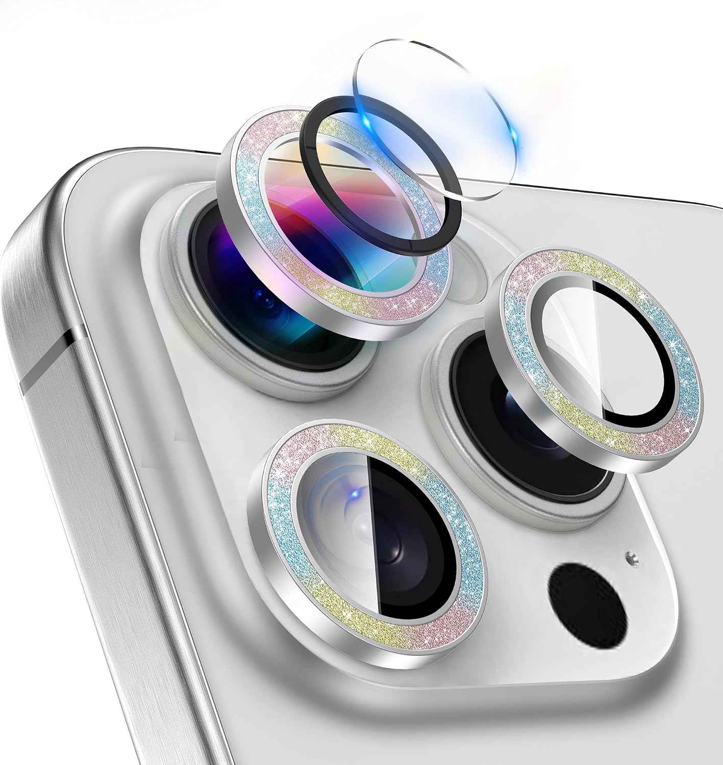 LONLI - for iPhone 16 Pro | 16 Pro Max - Triple Individual Camera Lens Protector - Rainbow Holographic Glitter WN420