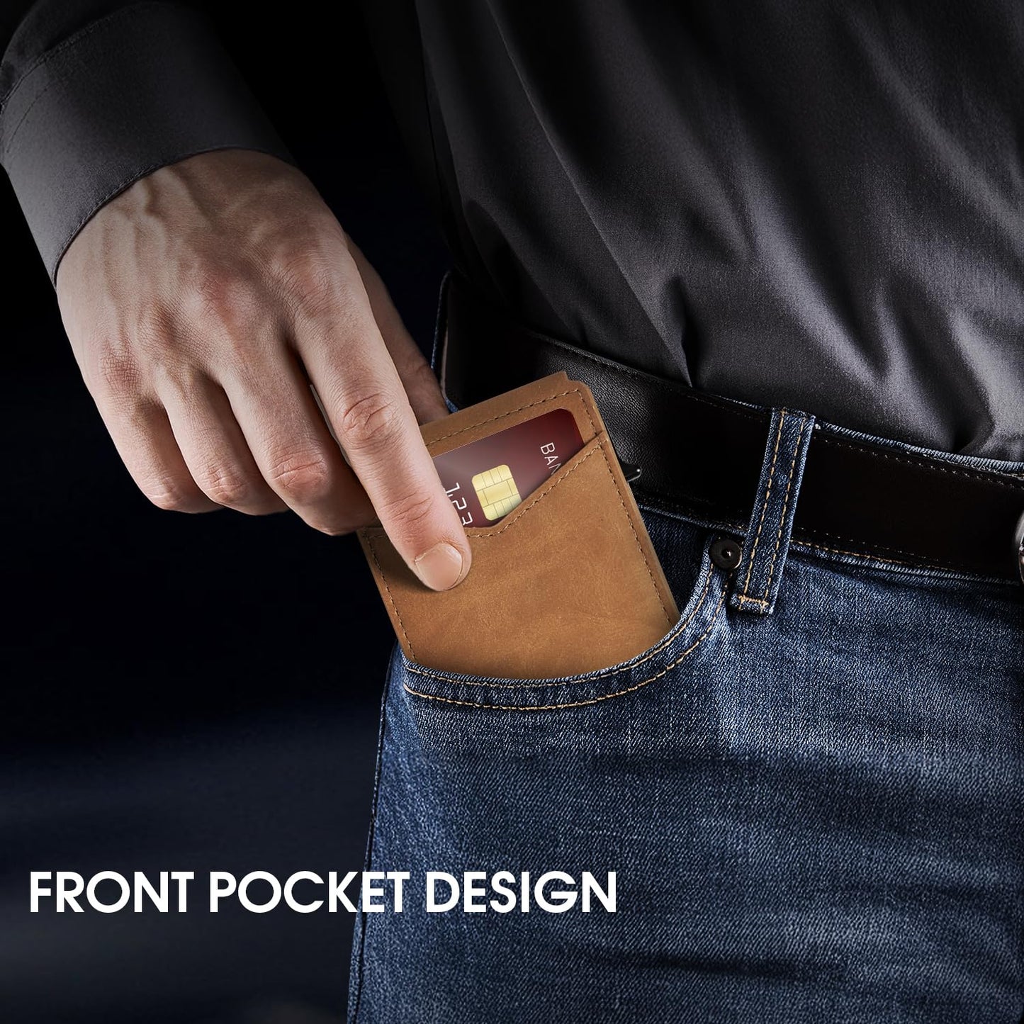 Wallet for Men RFID Blocking Card Holder, Genuine Leather Slim Pop up Card Case, Minimaslit, Front Pocket, 9-13 Card Capacity, ID Window, Money Clip(Carbon) BST220