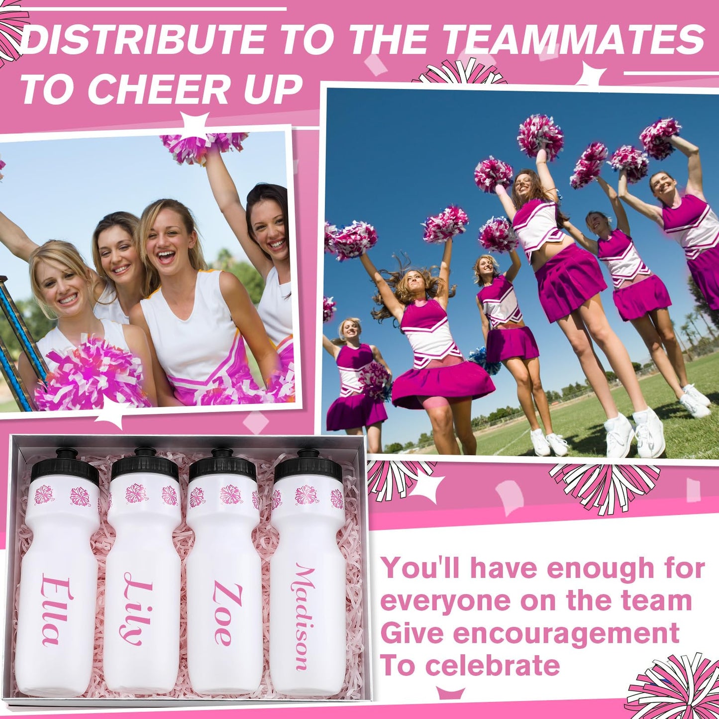 Talltalk 12 Pack Cheerleading Water Bottles Bulk 24 oz Reusable Plastic Cheer Water Bottles with Pull Top Cap Dishwasher Safe Cheerleader Drinking Bottle for Game Sports Dance Party (Rose Red) BST220