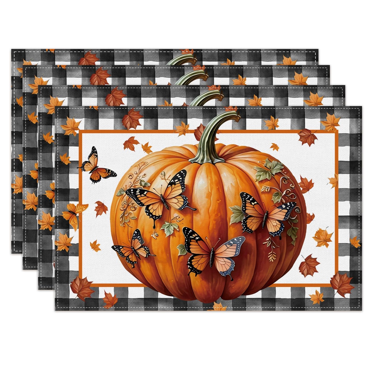 Linen Fall Placemats Set of 4 Fall Table Mats Farmhouse Pumpkin Butterfly Decor for Home Autumn Thanksgiving Home Kitchen Dining Room Table Decorations BST220