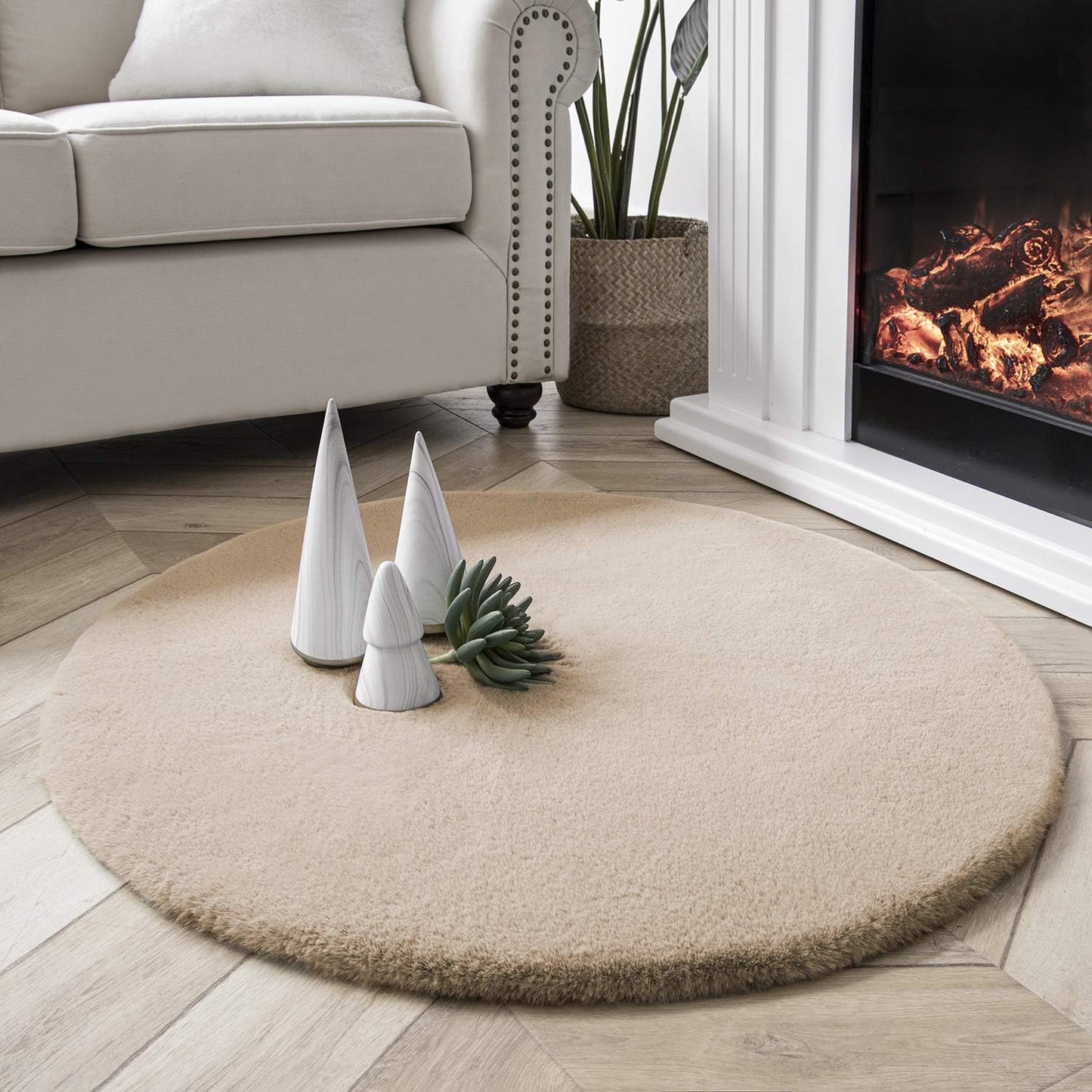 Ashler Faux Fur Rug, Ultra Soft Faux Rabbit Fur, Beige Area Rugs, 3 x 3 Feet Round, Machine Washable Nursery Decor Throw Rugs for Bedroom, Kids Room, Living Room BST326H