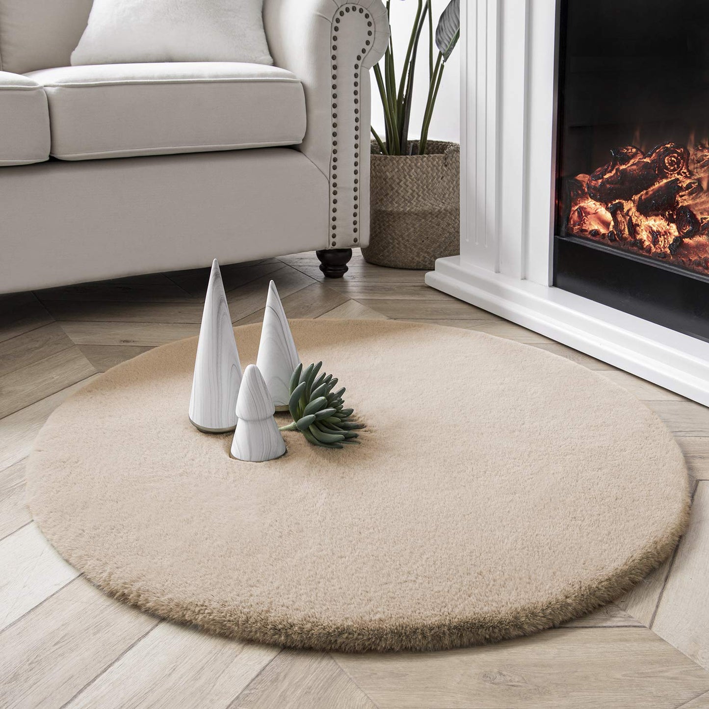 Ashler Faux Fur Rug, Ultra Soft Faux Rabbit Fur, Beige Area Rugs, 3 x 3 Feet Round, Machine Washable Nursery Decor Throw Rugs for Bedroom, Kids Room, Living Room BST326H