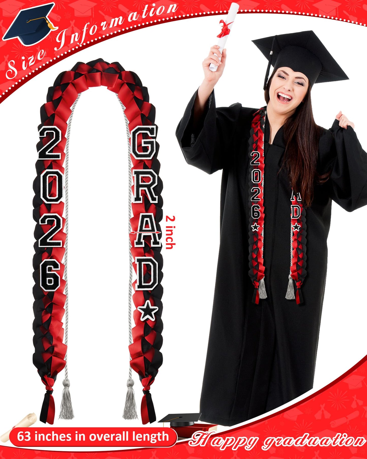 Cindeer 2026 Graduation Ribbon Lei Set Handmade Braided Necklace Honor Cord with Tassel 2026 Grad Embroidery Patches for High School College Graduation Party Supplies(Black, Red) BST220