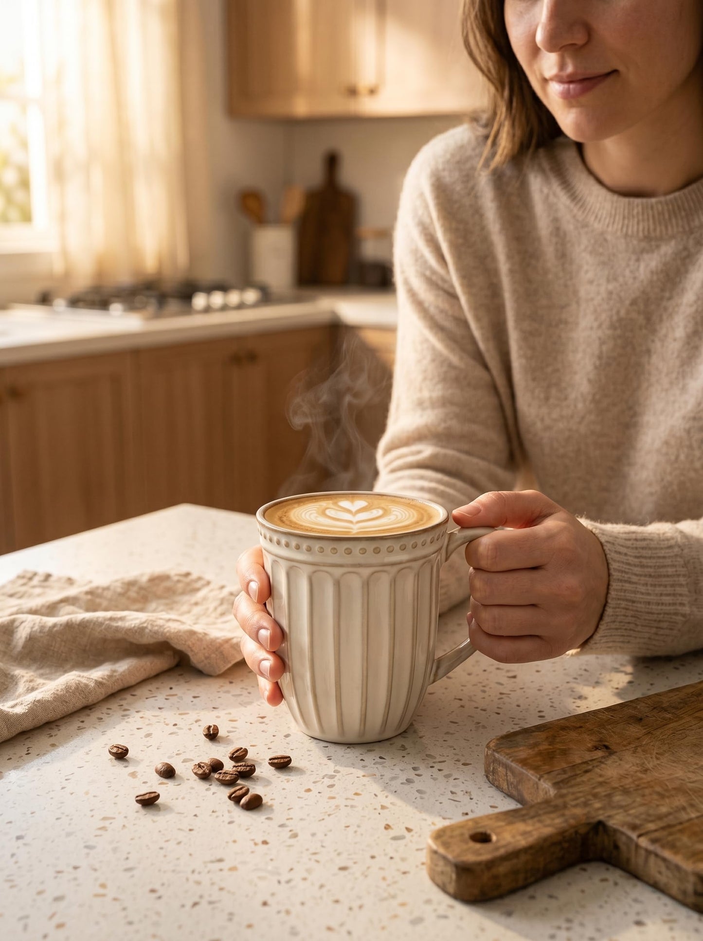 HASENSE Textured Large Coffee Mugs Set of 4, 16 Oz Ribbed Ceramic Cups with Large Handle for Latte Tea Cappuccino, Stackable Embossed Mug Set for Mom Dad, Microwave Dishwasher Safe, Creamy White BST220
