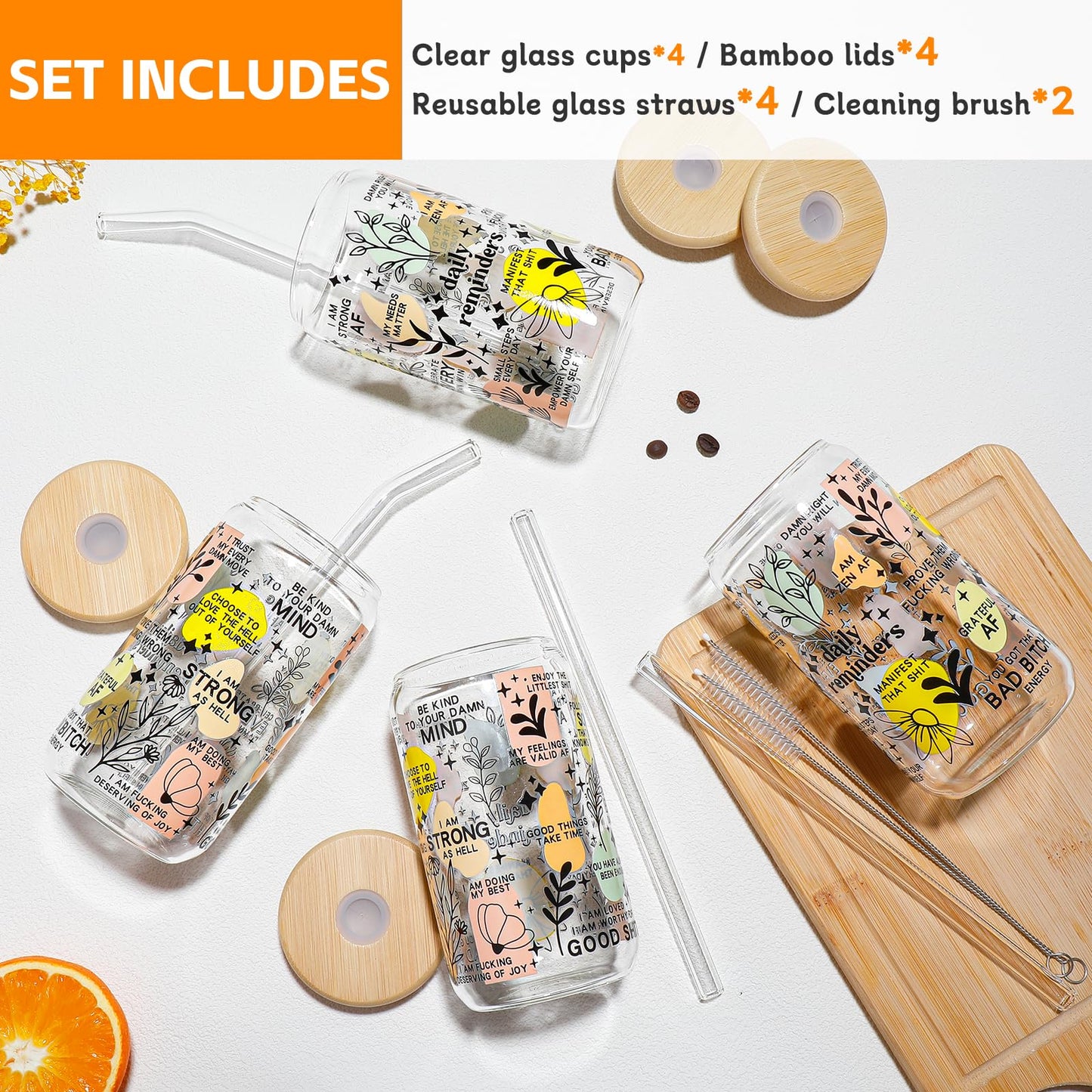 DWTS DANWEITESI Glass Cups “20oz”,Glass Cups with Lids and Straws 4 pcs-Coffee Cups,Drinking Glasses Set,Glass Tumbler with Straw and Lid Gift 2 Cleaning Brushes 600ml BST202