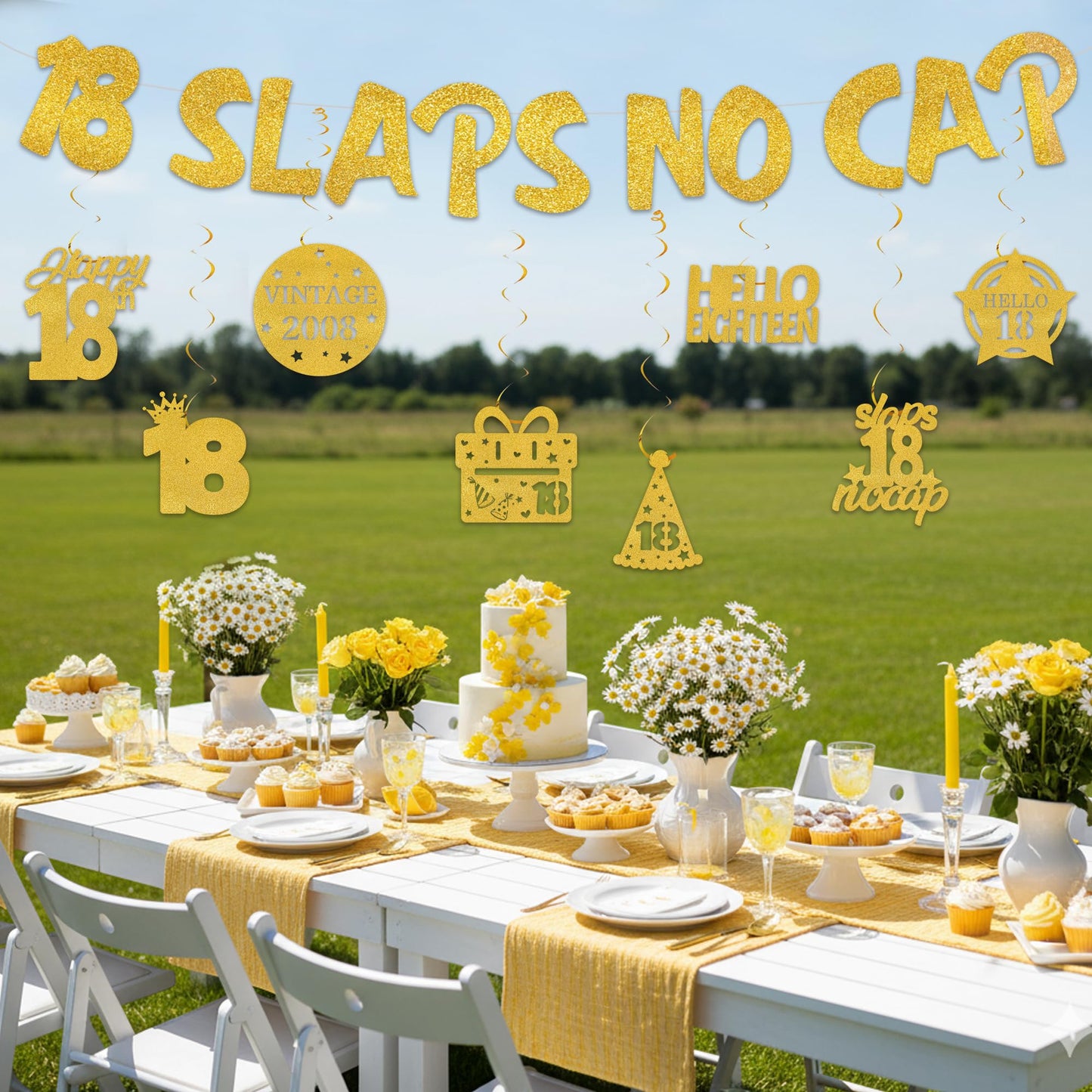 18th Birthday Decorations Banner for Boys - Pre-strung Gold Glitter 18 Slaps No Cap Banner Hanging Swirls, Funny Gen Z Slang 18 Year Old Party Supplies BST220