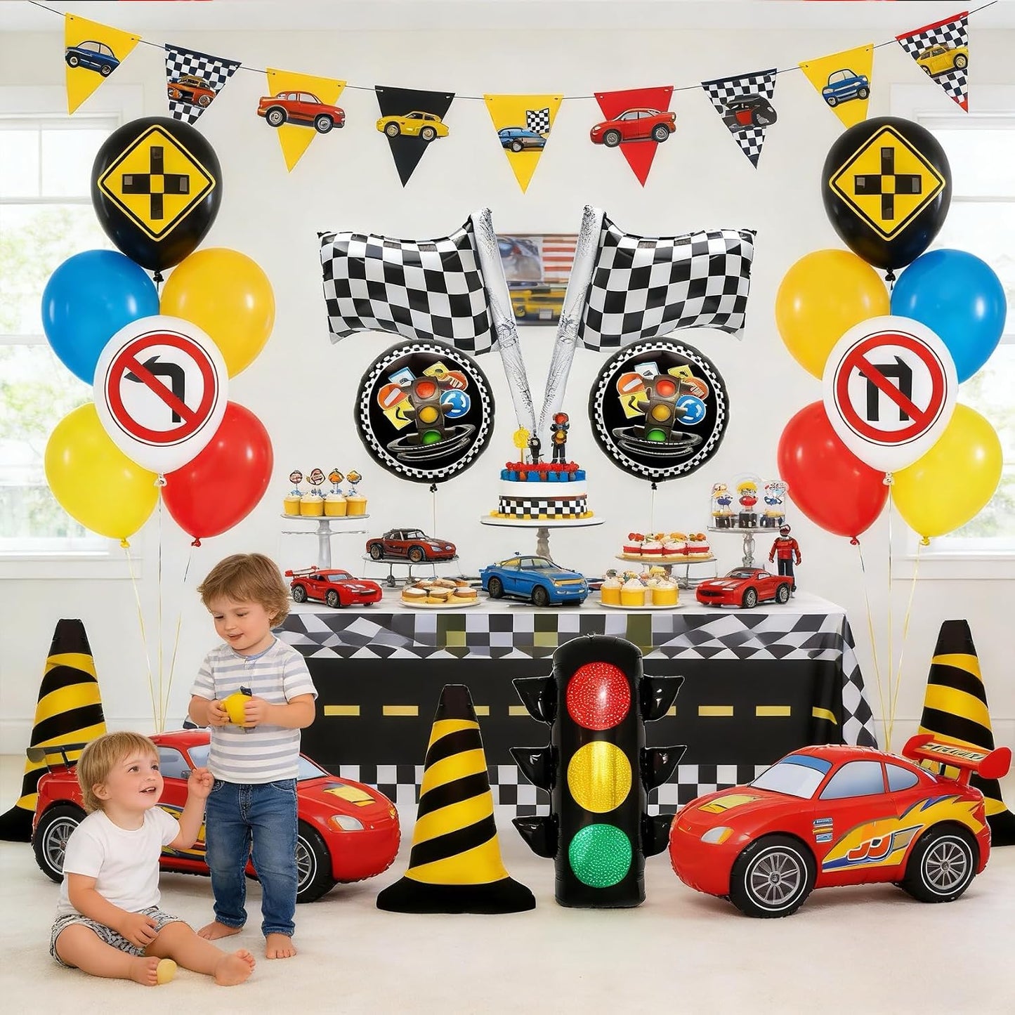 7PCS Traffic Theme Balloons Set,Racing Party Decorations with Traffic Light, Checkered Flags & Road Cone Foil Balloons, Race Car Birthday Decorations for Boys, Baby Shower WN420