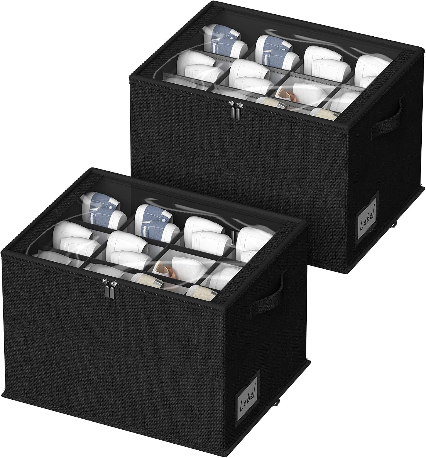 2 Pack Shoe Organizer for Closet - Shoe Storage Bins with Clear Cover, Fabric Shoe Storage Containers with Reinforced Handles, Fits up to 24 Pairs (Black, 16.5 * 12.6 * 12.2in) BST326H