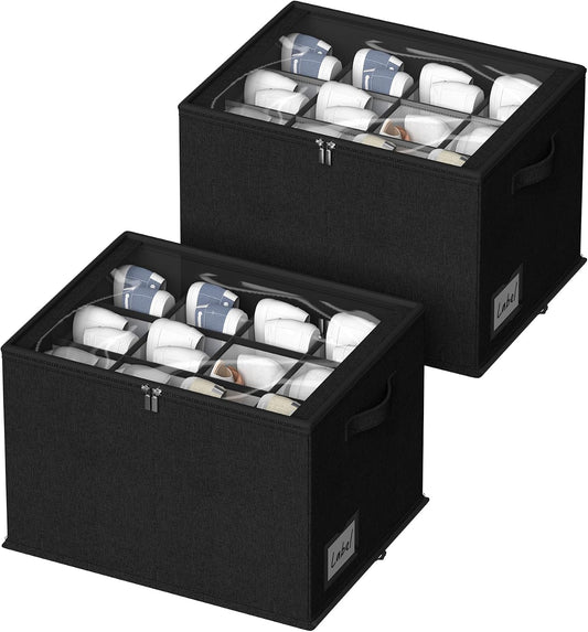 2 Pack Shoe Organizer for Closet - Shoe Storage Bins with Clear Cover, Fabric Shoe Storage Containers with Reinforced Handles, Fits up to 24 Pairs (Black, 16.5 * 12.6 * 12.2in) BST326H