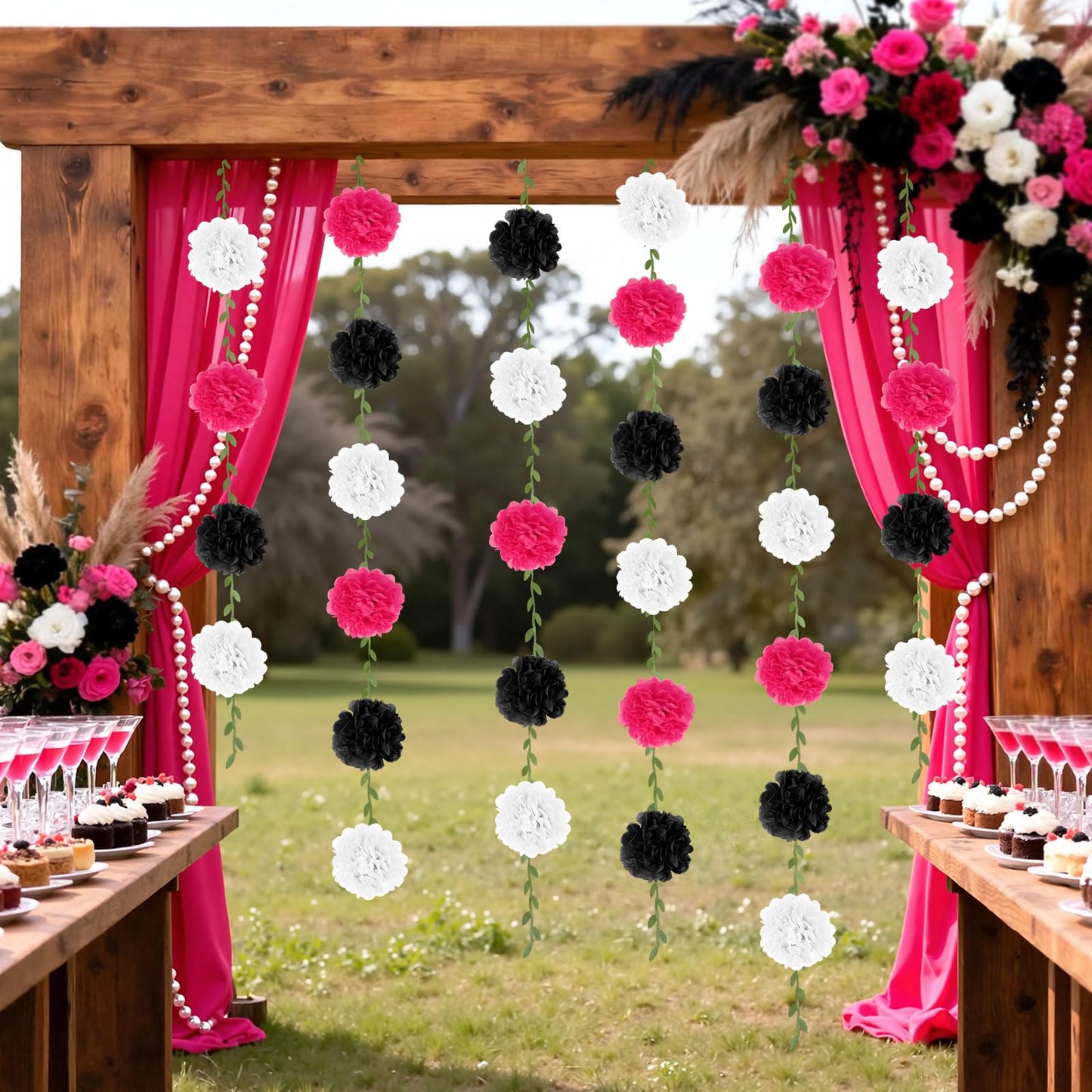 kreat4joy 4pack Pink Purple Tissue Paper Pom Poms Flowers Garland Leaf Ribbon 98.42inches Pre-Strung Reusable Ceiling for Birthday Baby Shower Wedding Bridal Shower Home Event Wall Party Decoration BST220