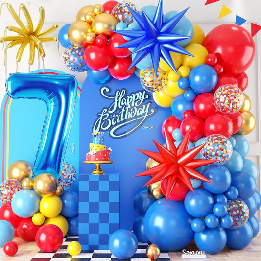 Red Yellow Blue Balloon Garland Arch Kit with Navy Blue 40 Inch Number 7 Balloon, 7th Birthday Decorations for Boy with Star Foil Balloons for 7 Year Old Theme Party Baby Shower Graduation WN420