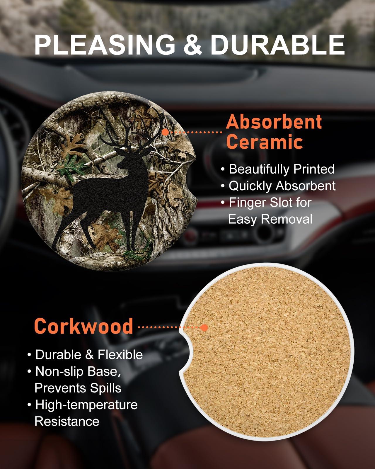 Swooflia Car Coasters for Men - Touch Down Ceramic Car Cupholder Coaster Cool Absorbent Mat Coaster with Cork Base 2 Pack Automotive Cup Holder Accessories New Driver Gifts WN420