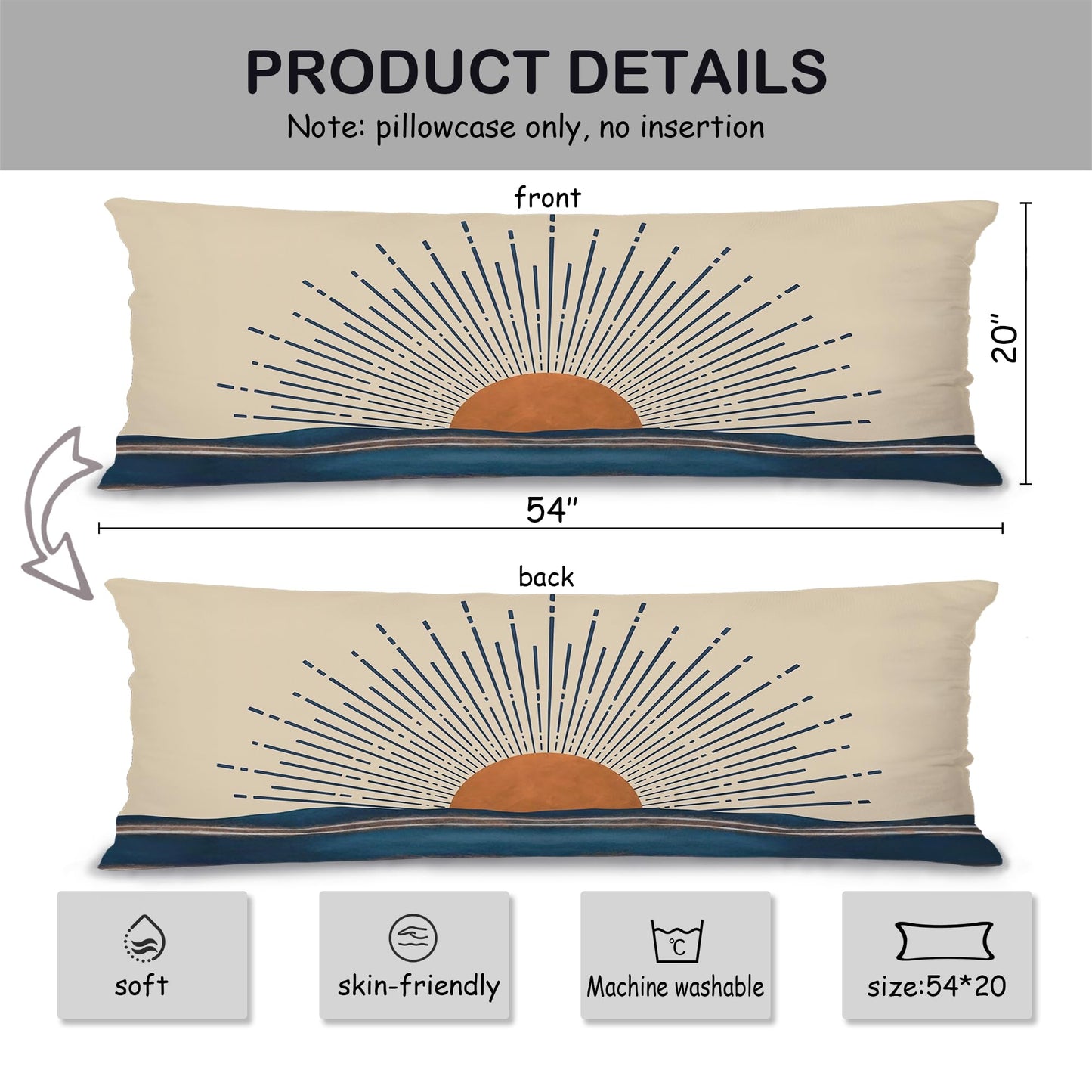 Boho Sun Sunshine 21x54 Body Pillow Cover Case, Modern Neutral Boho Horizontal Sun Sunset Sunrise Decorative Long Hug Pillow Cases for Bed Couch BST220
