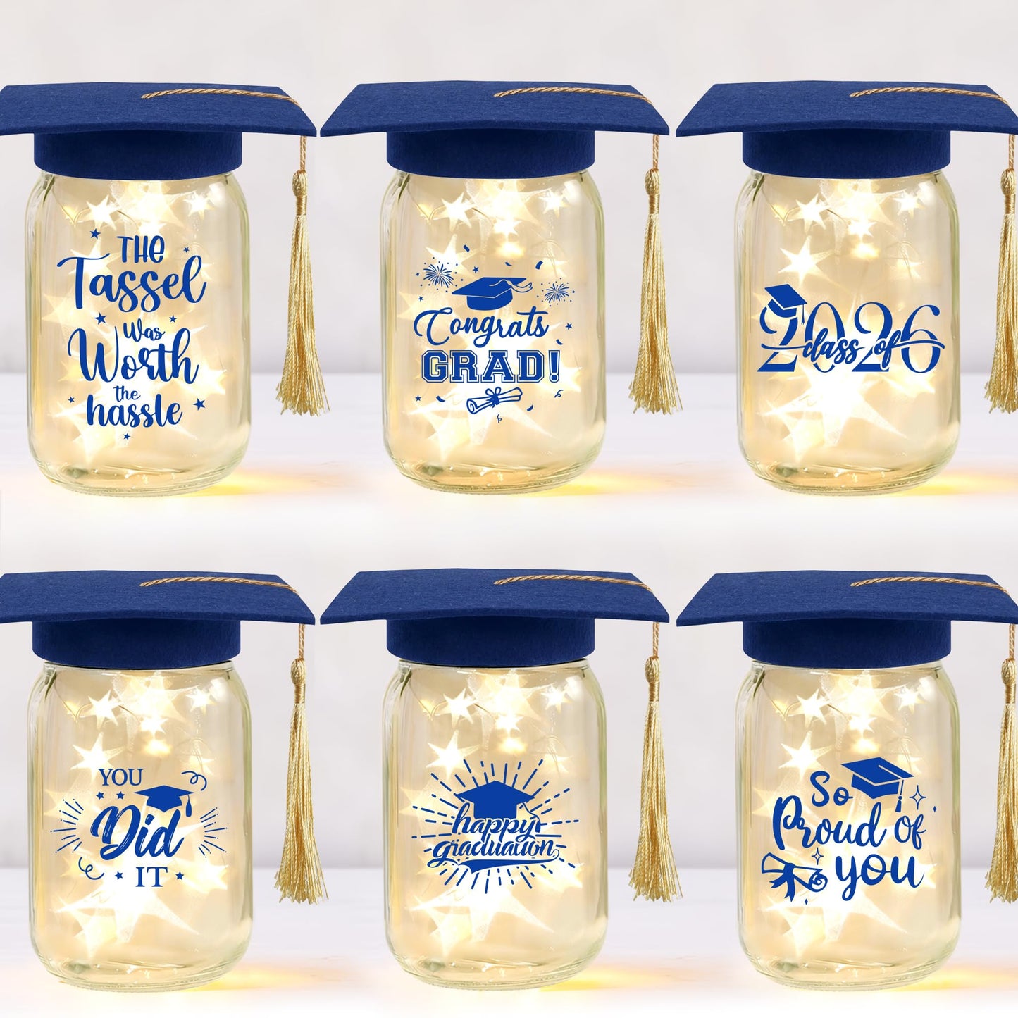3 Sets 2026 Graduation Centerpieces for Tables, Glowing Mason Jar Centerpieces with Graduation Caps, Glowing Money Jars for College High School Congrats Grad Party Decor Supplies WN420