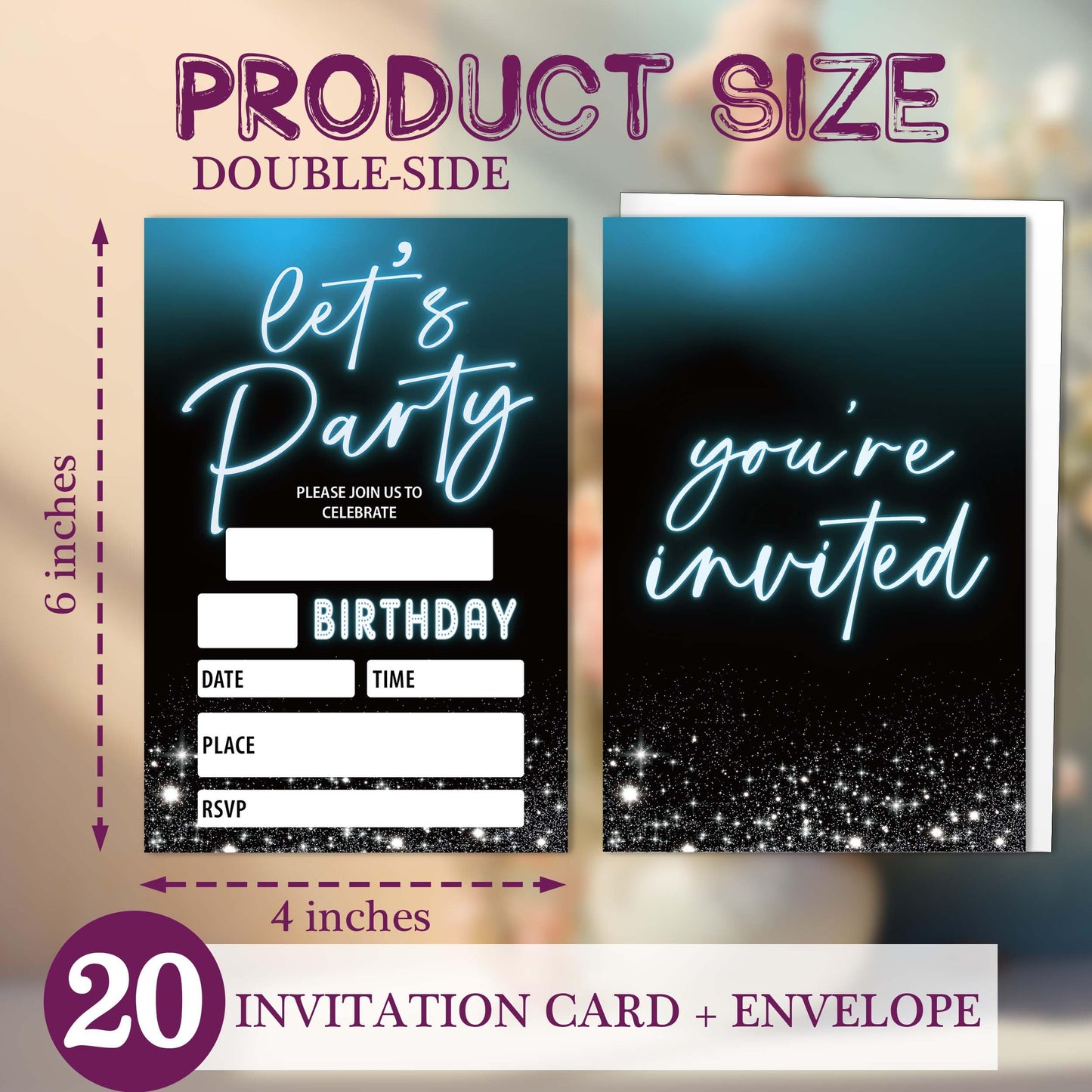 Let's Party! Gold Birthday Invitations, 4x6 Inch, 20Pcs Double-Sided Fill-In Cards & Envelopes for Boys, Girls, Birthday Parties WN420