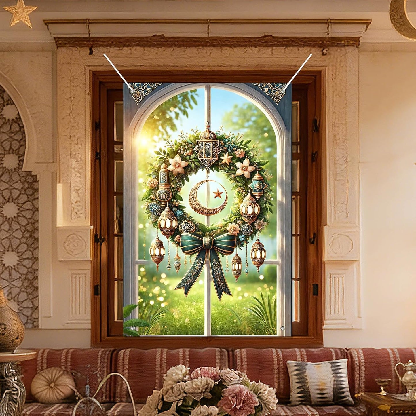 HOMETITUTE Eid Ramadan Window Banner Holiday Curtain Backdrop 31x47 Fabric | Mubarak Cover Festival Screen Windows Banner Hanging Living Room Bedroom Home Crescent Moon Star Pattern Design BST326H