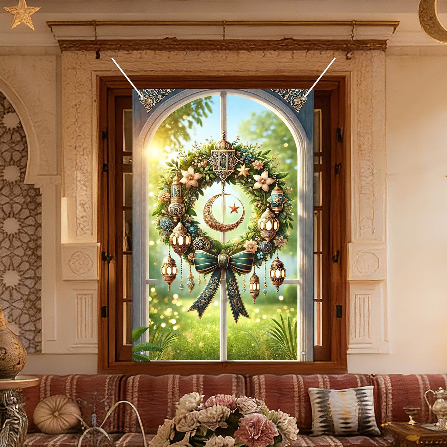 HOMETITUTE Eid Ramadan Window Banner Holiday Curtain Backdrop 31x47 Fabric | Mubarak Cover Festival Screen Windows Banner Hanging Living Room Bedroom Home Crescent Moon Star Pattern Design BST326H
