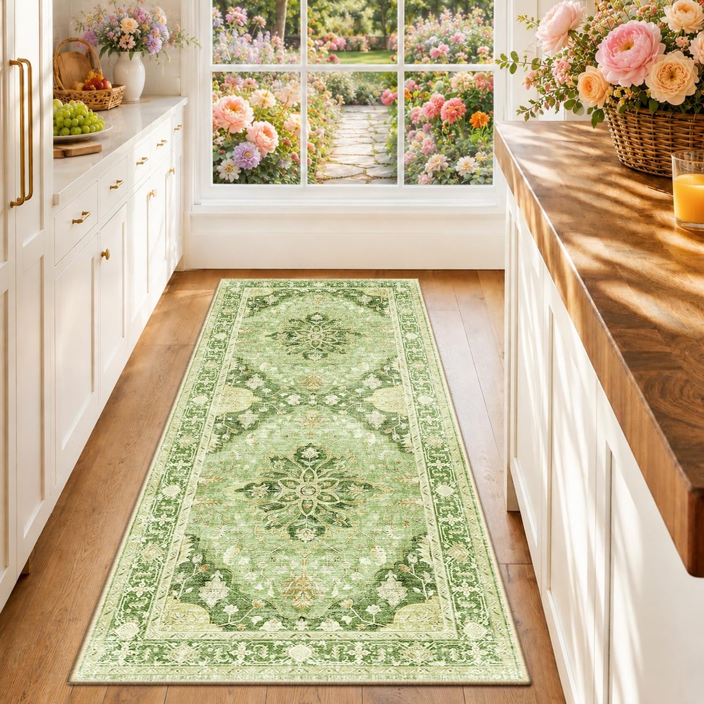 RELEANY Area Rugs Runner 2'x6' Washable Non-Slip, Floral Vintage Distress Medallion Carpet for Kitchen Hallway Bedroom Beside Laundry Room Bathroom, Teal Green Lake Blue Turquoise DD1210