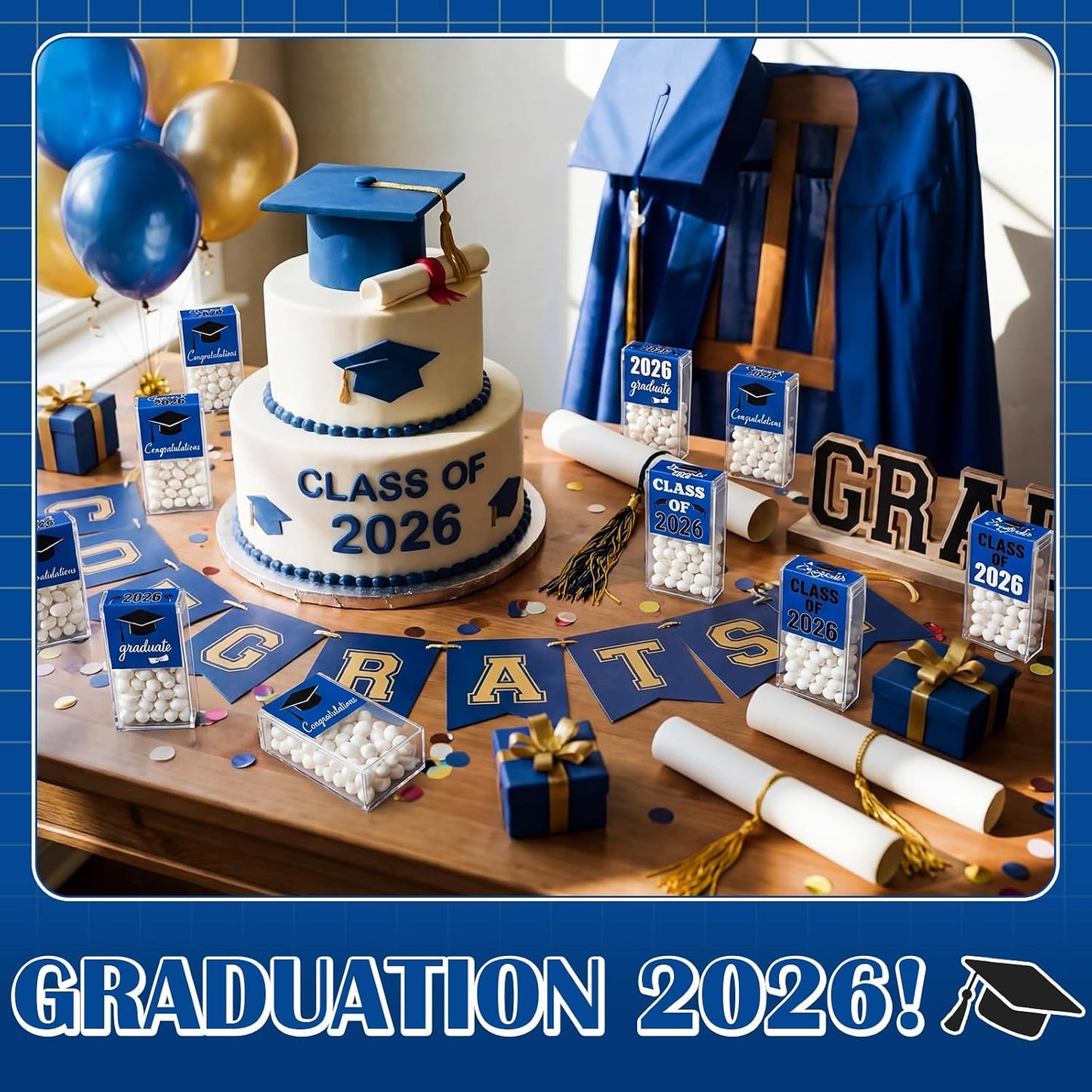 AceOrbit 2026 Graduation Candy Jar Bulk for 24 Guest 3.54 Inch Empty After Dinner Candy Tube Buffet Container Acrylic Box with Sticker for Class of 2026 End of Year Gifts Multi-item Party Favor(Blue) WN420