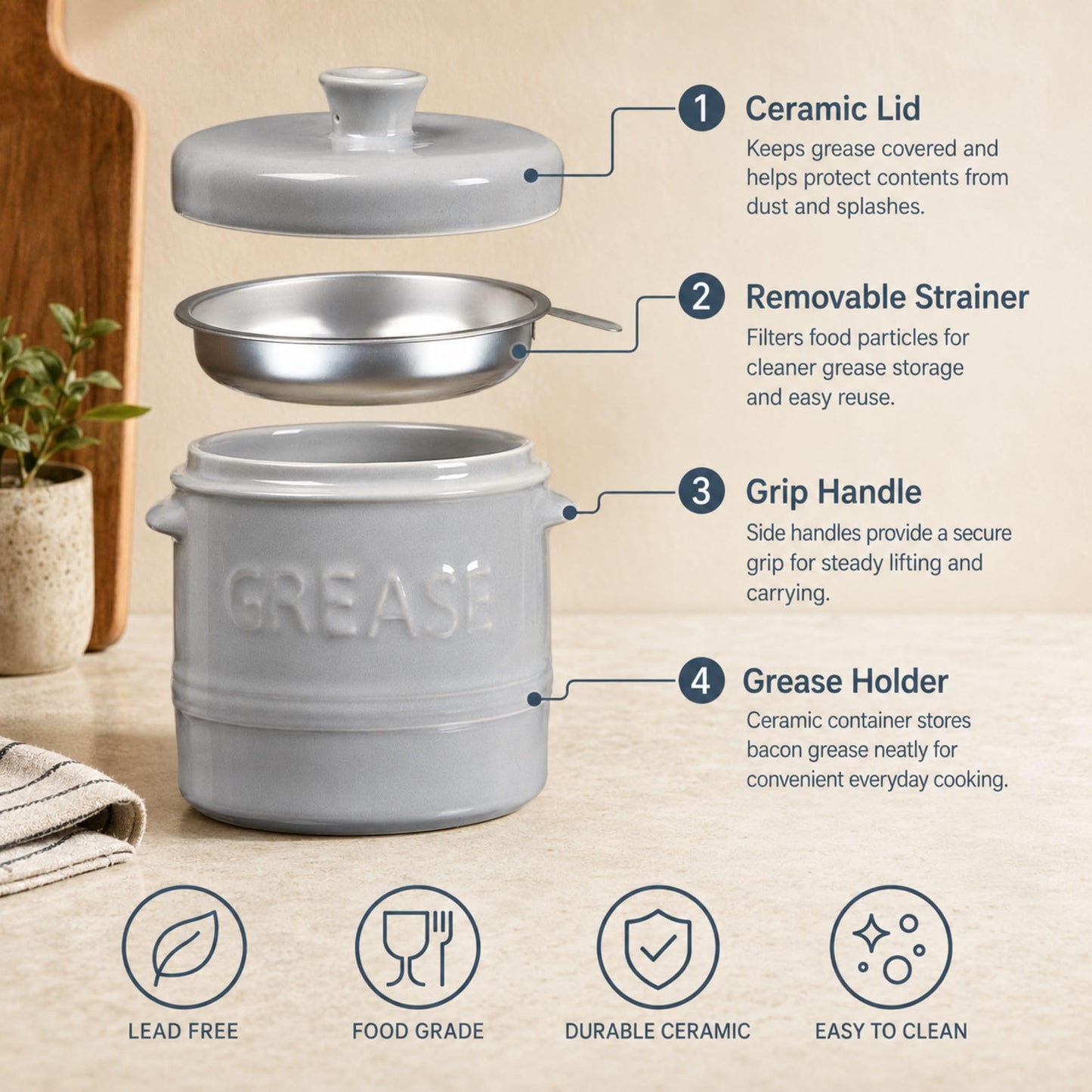 ONEMORE Ceramic Bacon Grease Container with Strainer N25
