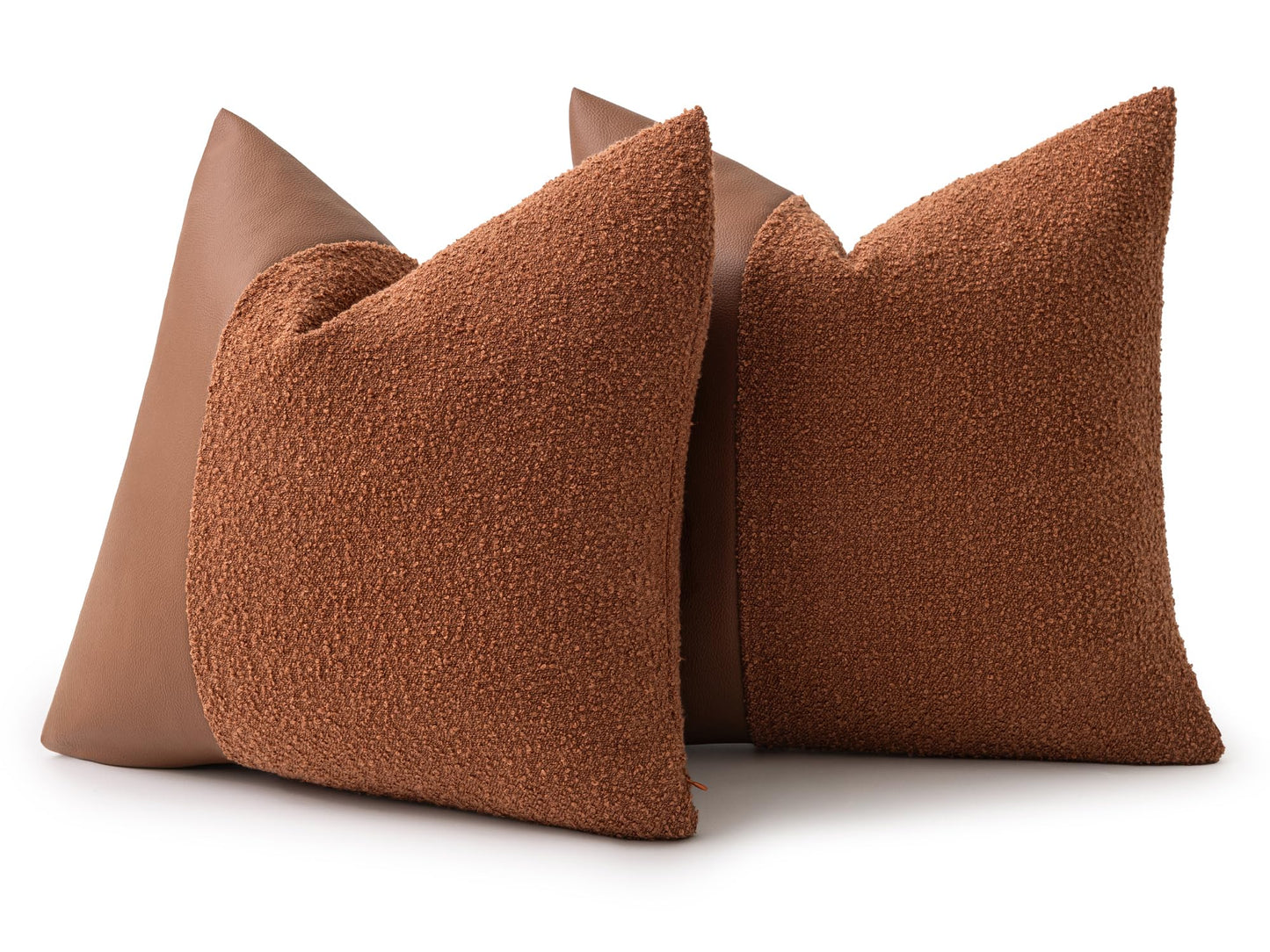 Set of 2 Fluffy Boucle Pillow Covers 18"x18", Oatmeal Textured Throw Pillow Covers with Faux Leather Accents, Boho Decorative Pillow Cases for Couch, Bed, or Farmhouse Home Decor BST220