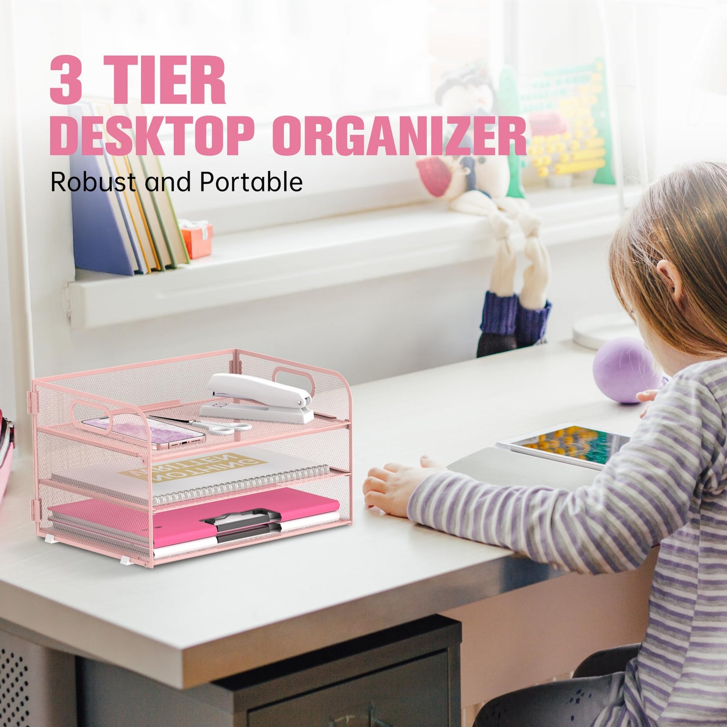 DALTACK 3 Tier Paper Organizer with Handle, Mesh Metal Desk Organizer with Sliding Paper Trays for Letter/A4 Paper, Mail, Bills & Folders, Pink