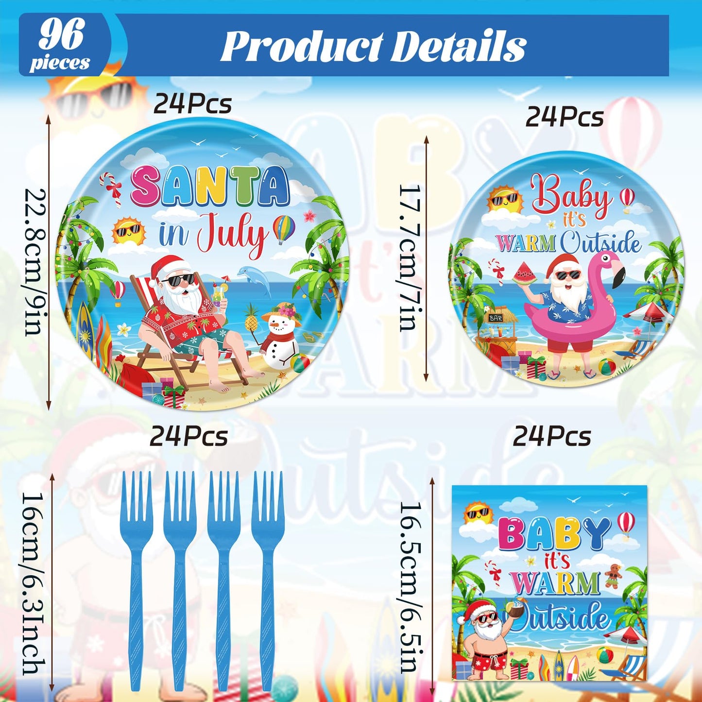 Gameza July Christmas Party Decorations Tableware, 96PCS There's Some Hohoho's in July Disposable Paper Plates and Napkins Decoration, Summer Xmas Beach Forks Decor Supplies Serves 24 BST220