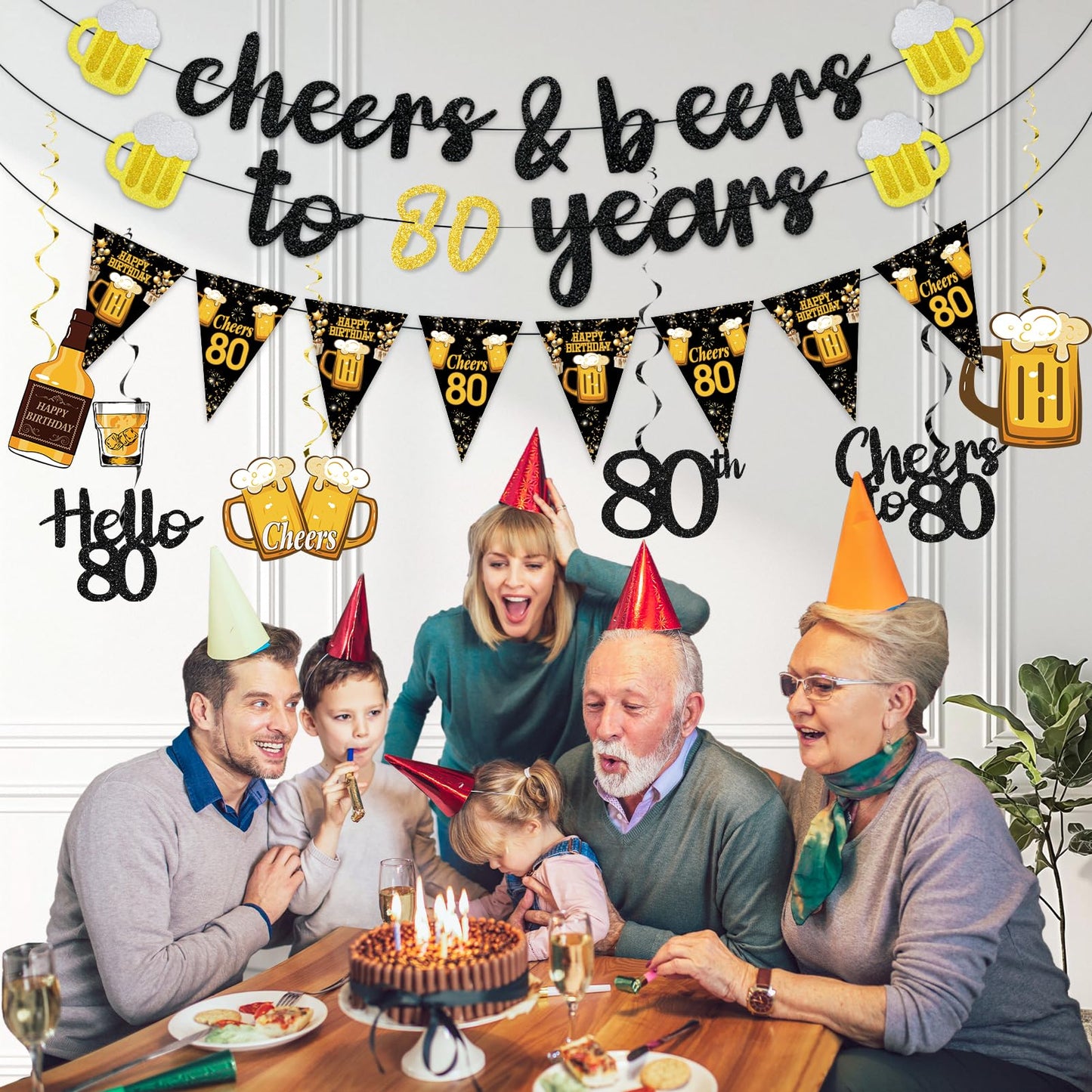 Black Gold 90th Birthday Decorations for Men Women, Glitter Pre-Strung Cheers to 90 Years Banner Hello 90 Hanging Swirls Paper Triangle Flag Banner Decorations Bday Party Supplies Kit WN420