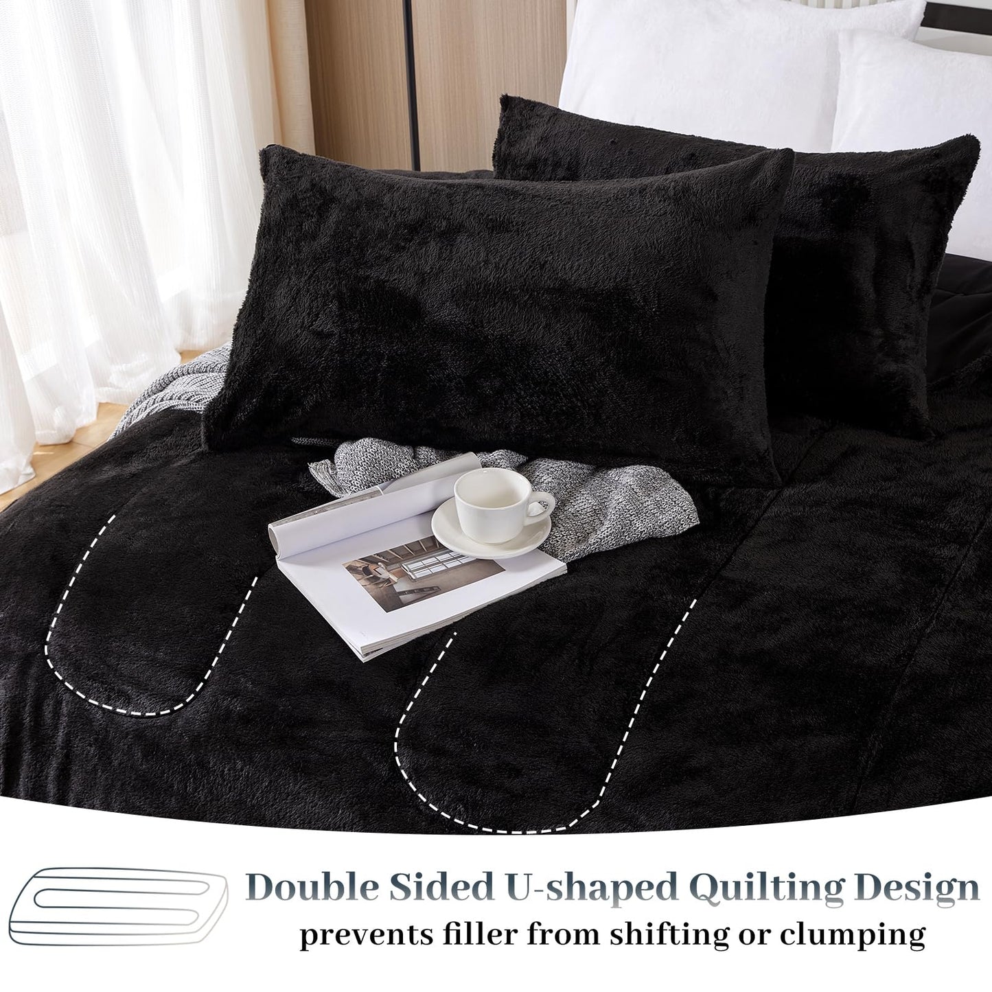YIYEA Fluffy Queen Size Comforter Set, Luxury Faux Fur Comforter, Ultra Soft Plush Fuzzy Velvet Bedding Comforter Sets for Fall Winter, Cozy Warmth, No Shedding, 3PC, Queen, Light Grey BST326H