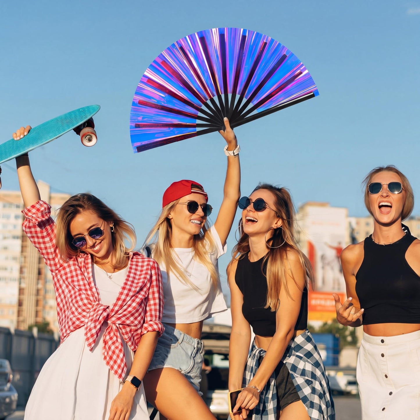 FairySandy Large Rave Fan UV Glow Clack Summer Hand Fan with Thigh Holster for Women Carnival Party Supplies for Carnival Edm Music Festival Club Accessories(Cool Style,Black) WN420