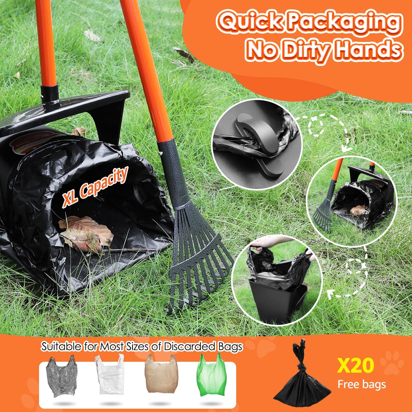 SlowTon Dog Pooper Scooper - 37.4" Long Metal Handle Adjustable Rake & Spade & Swivel Bin with 10 Waste Bags, Portable Pooper Scooper N3233