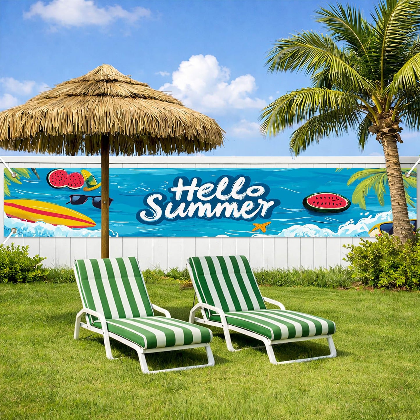 BlissYard Hello Summer Banner 118 x 20 Inch Pool Party Decorations Beach Surfboard Watermelon Tropical Fence Sign Hawaiian Luau Outdoor Backyard Wall Decor BST220