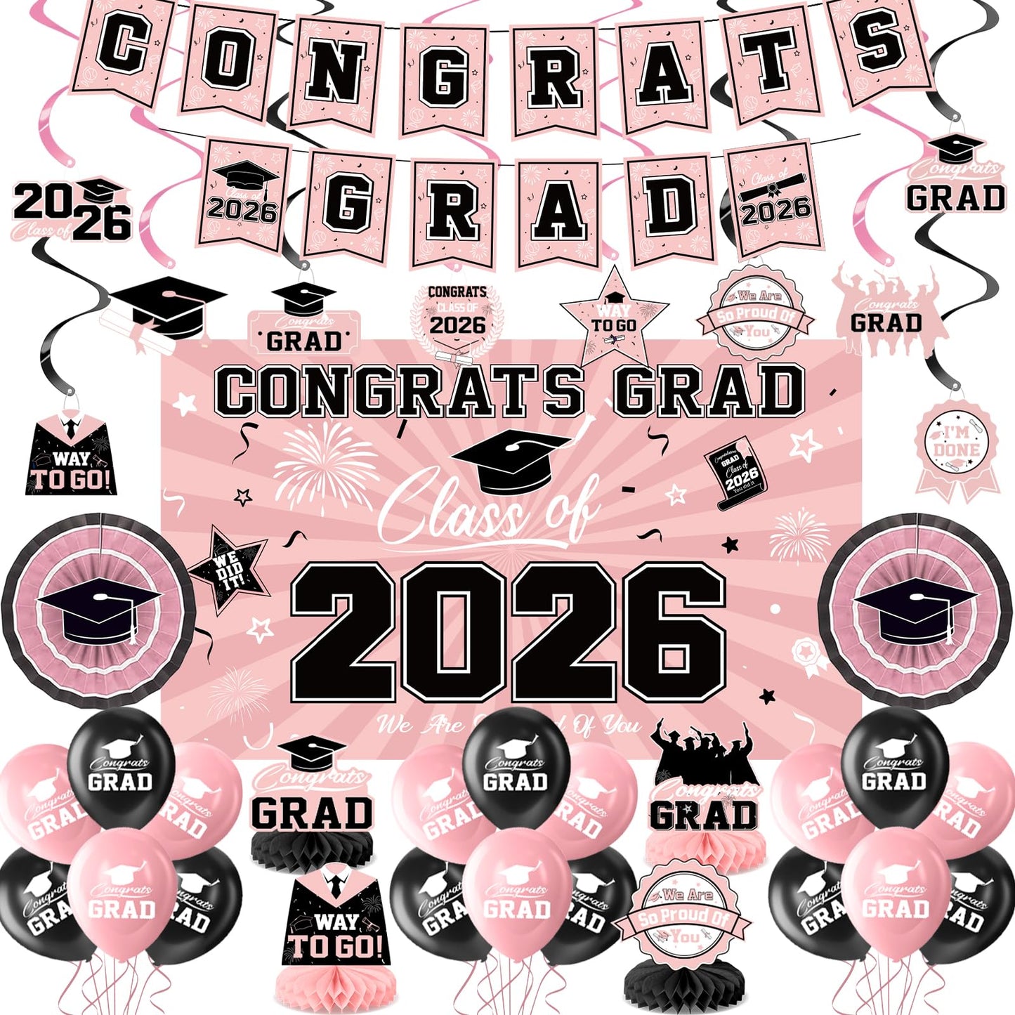 Graduation Decorations 2026-Blue and Black Graduation Party Decorations Supplies Class of 2026 with Graduation Banner, Backdrop, Balloons, Centerpieces, Hanging Swirl for Grad Party BST326H