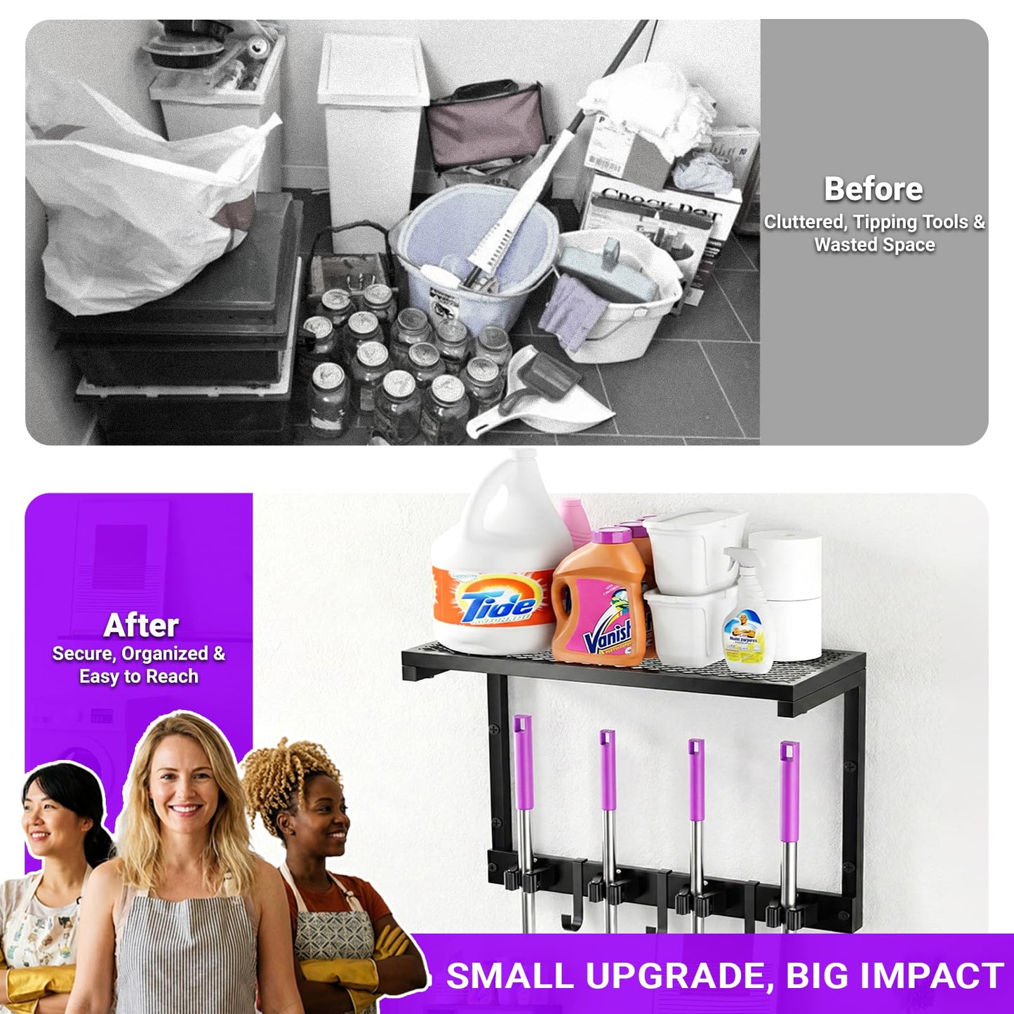 Heavy Duty Broom Holder Wall Mount with Cleaning Supplies Organizer, Space-Saving Laundry Room Organization and Storage Shelves, All-Metal Mop Hanger Broom Rack with Hooks, Garage Organizer Shelf