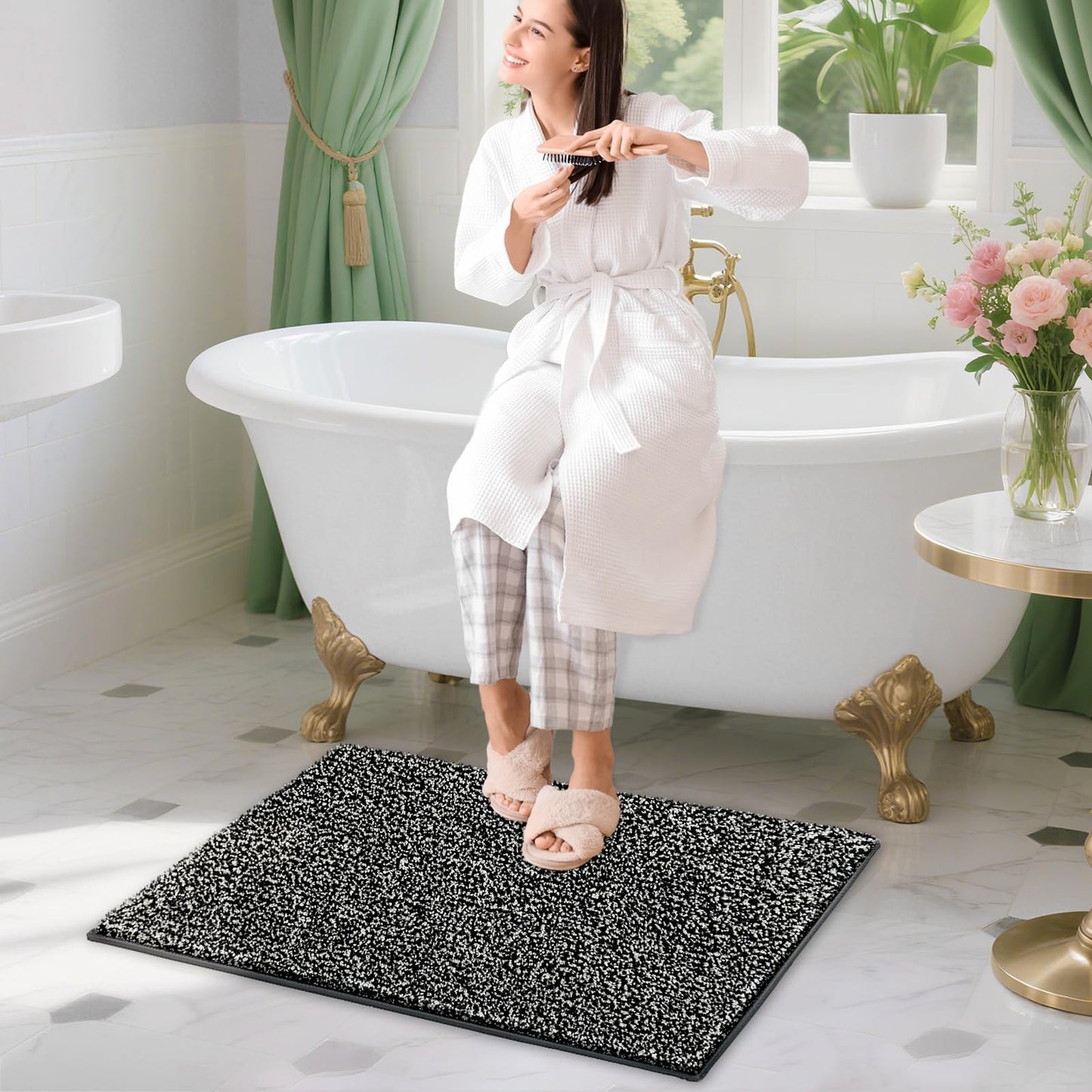 HDFK Bathroom Rugs | Non Slip Washable Bath Mats 24x16 Inches 2 Tone Soft Chenille Medium Pile TPR Floor Mat | High Absorbency Quick Dry Grey and White | Shower Rug for Wet Dry Zone BST220