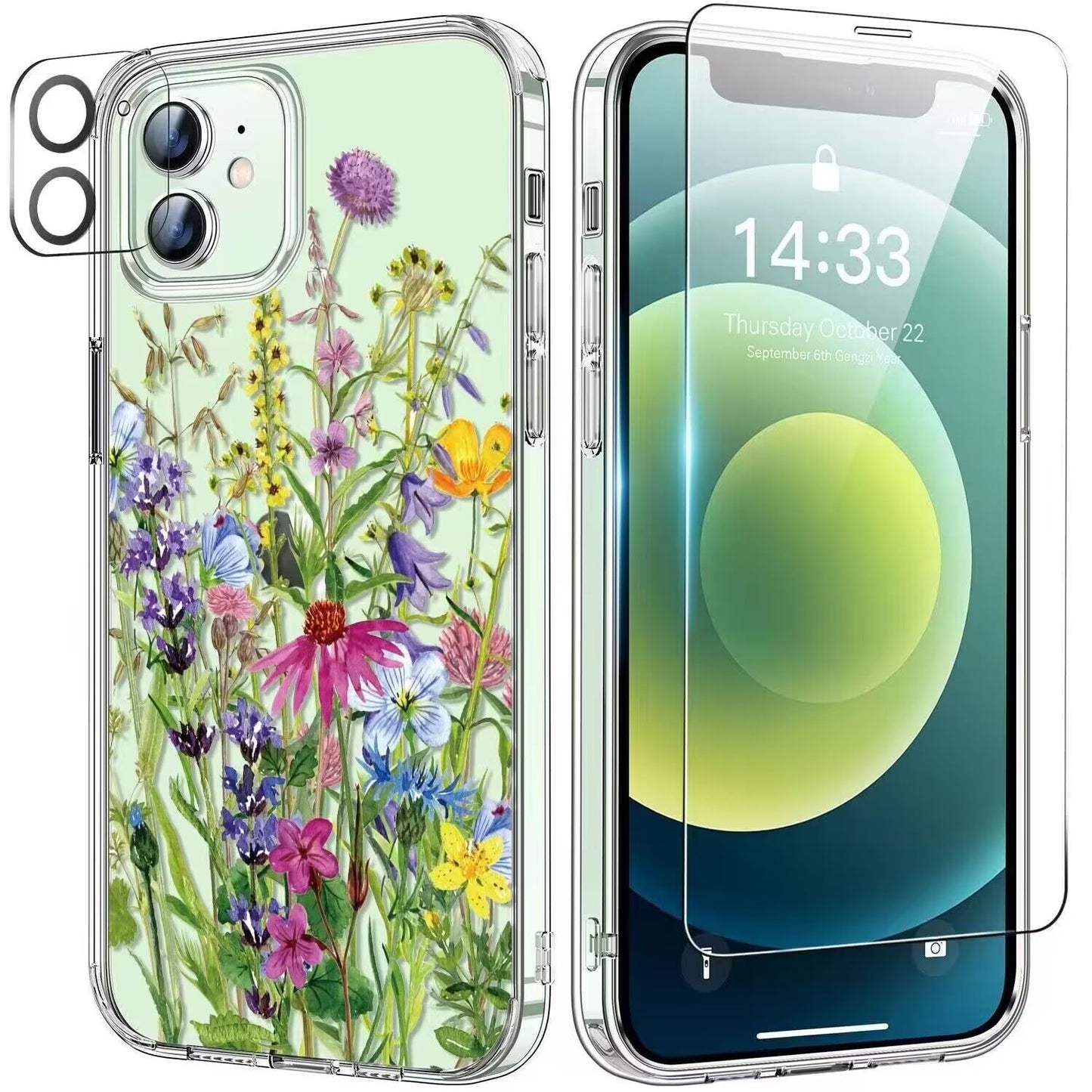 bicol for iPhone 12 Pro Max Case with Screen Protector and Camera Lens Protector - Fashionable Flower Floral Designs for Women Girls - Shockproof Acrylic Clear Phone Cover 6.7" - Blooming Flowers WN420