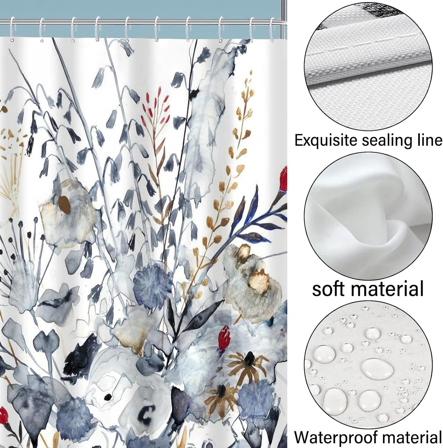 Floral Shower Curtain (72” x 72”), Polyester Fabric Printed Shower Curtain Set for Bathroom with Hooks（01） BST202