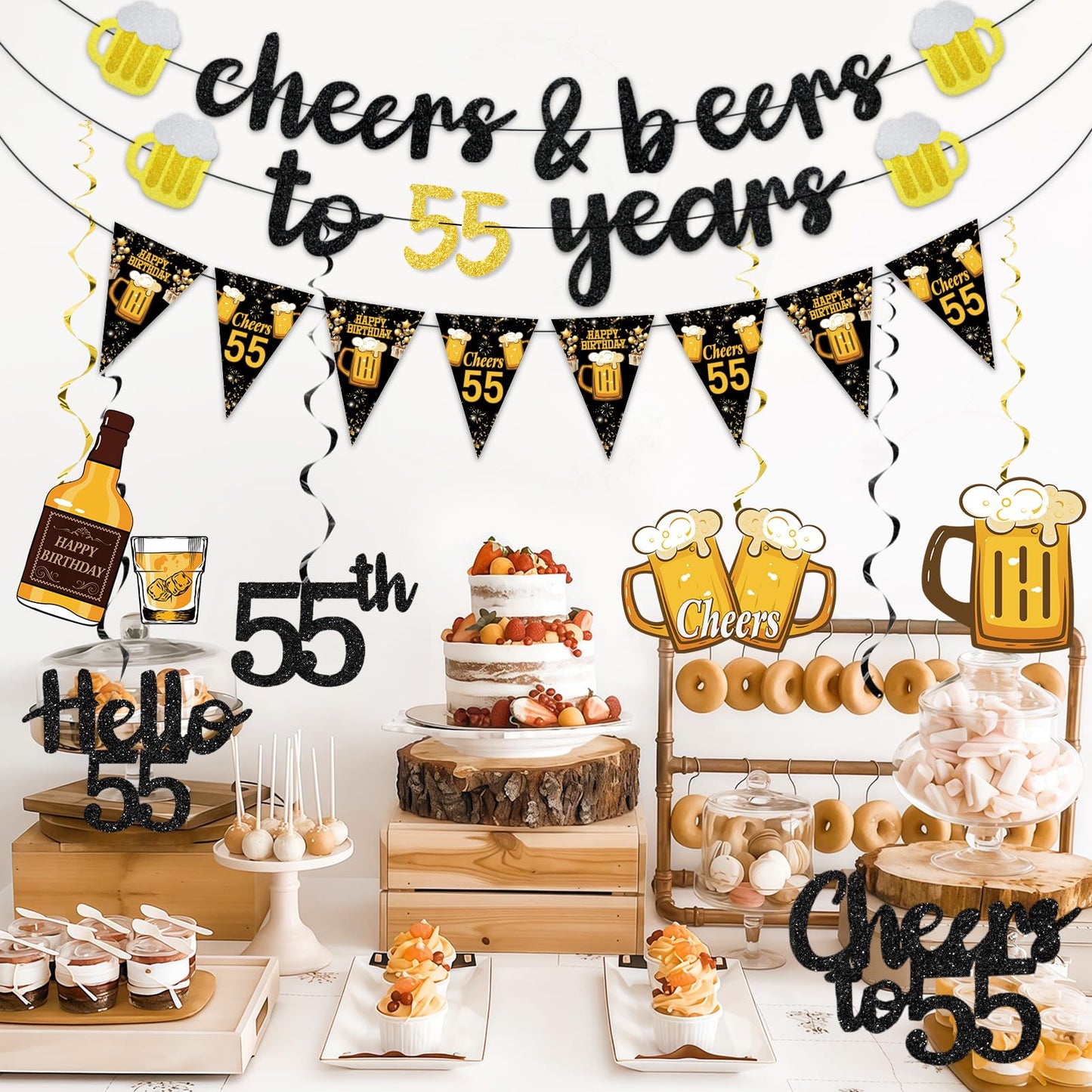 Black Gold 90th Birthday Decorations for Men Women, Glitter Pre-Strung Cheers to 90 Years Banner Hello 90 Hanging Swirls Paper Triangle Flag Banner Decorations Bday Party Supplies Kit WN420