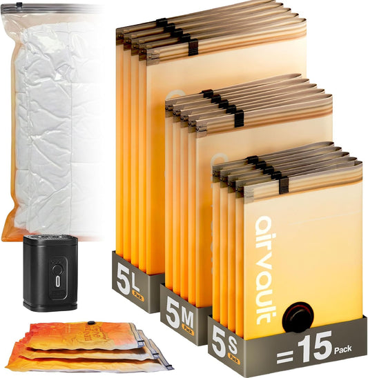 AirVault Vacuum Storage Bags for Travel & Home - Space Saver Compression Packing Bags Set for Clothes, Blankets & Seasonal Storage, Small (5), Medium (5), Large (5) (Orange,15-Pack Combo) BST326H
