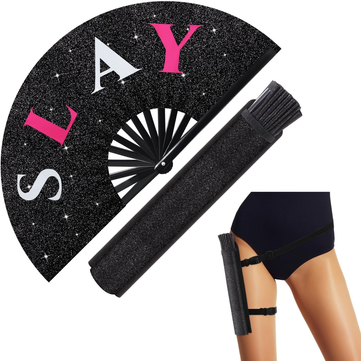 FairySandy Large Rave Fan UV Glow Clack Summer Hand Fan with Thigh Holster for Women Carnival Party Supplies for Carnival Edm Music Festival Club Accessories(Cool Style,Black) WN420