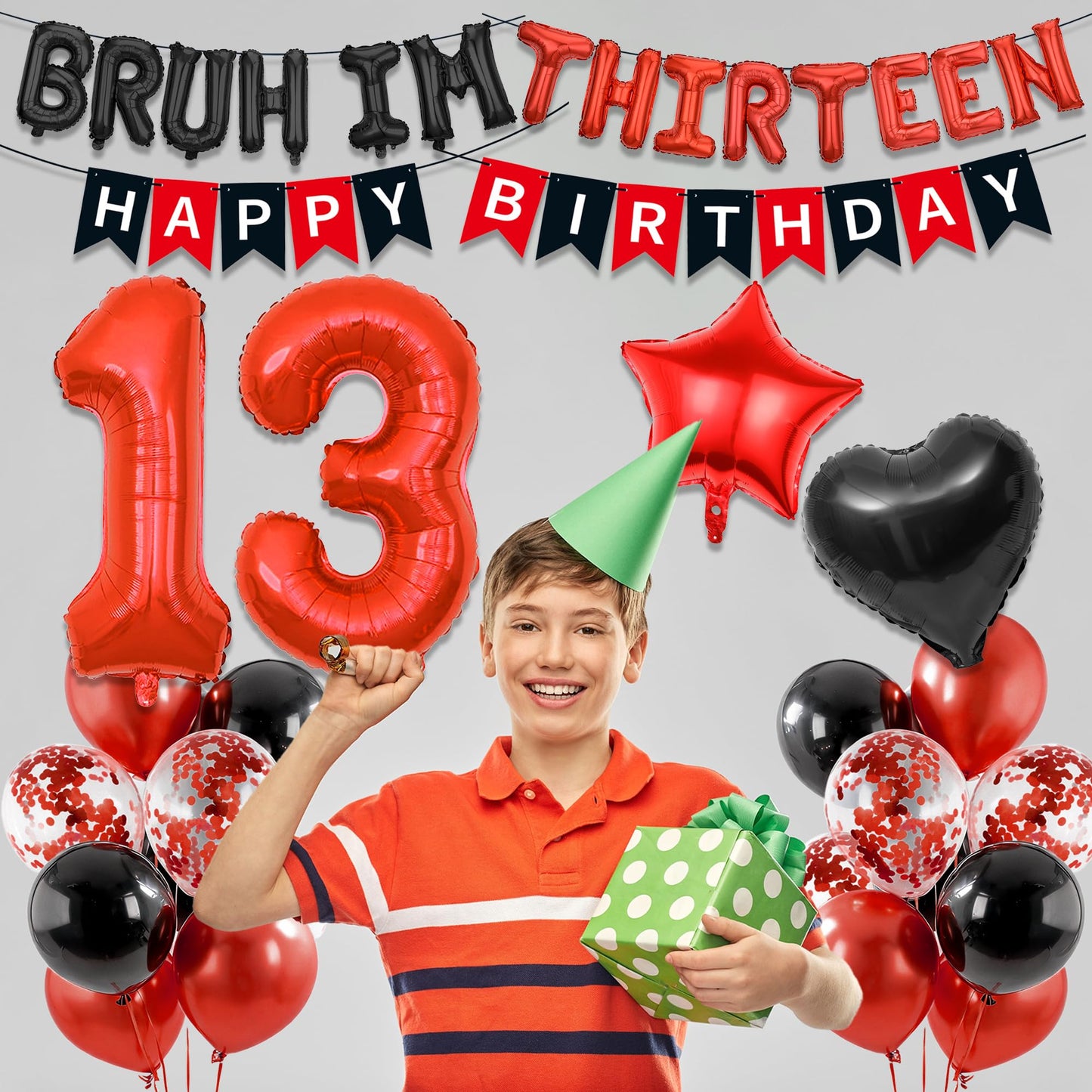 9th Birthday Decorations Boys Kit - 27 Pcs Red and Black Bruh Im Nine Balloon Banners Happy Birthday Fishtail Flags Number 9 Balloon Star Heart Balloons Set for 9 Year Old Party Decoration Supplies BST202